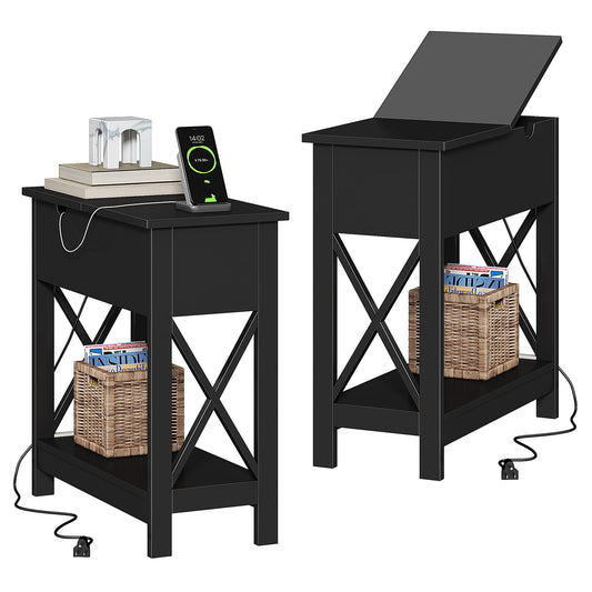 ChooChoo End Table with Charging Station, Narrow Flip Top Side Table with USB Ports & Power Outlets for Small Spaces, Nightstand Sofa Table for Living Room, Bedroom, Black, 2 Pack