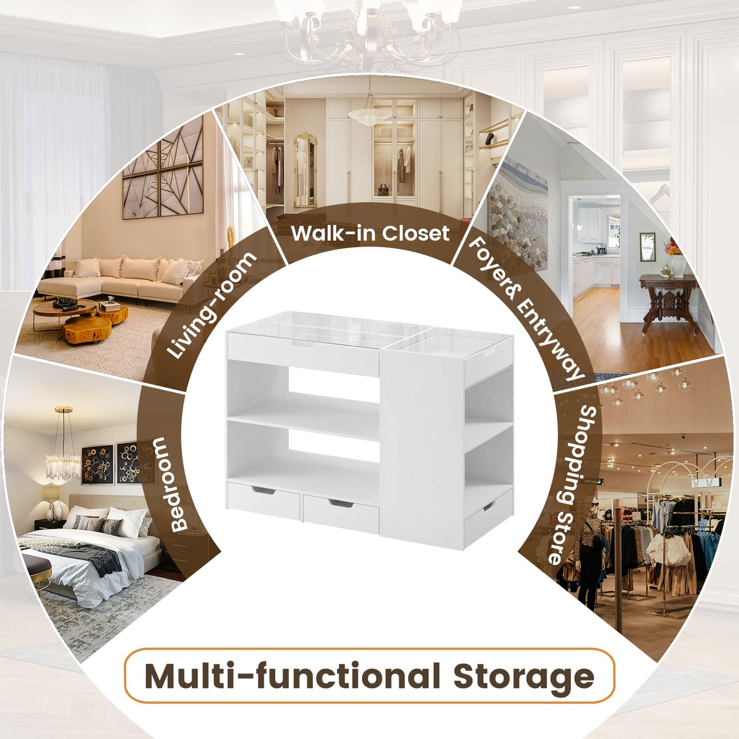 ANCTOR Closet Island, Bedroom Wardrobe Armoire with 8 Drawers and 2 Shelves, Dresser with Glass Top Display, Walk-in Closet Island Jewelry Dresser for Bedroom, Cloakroom, White