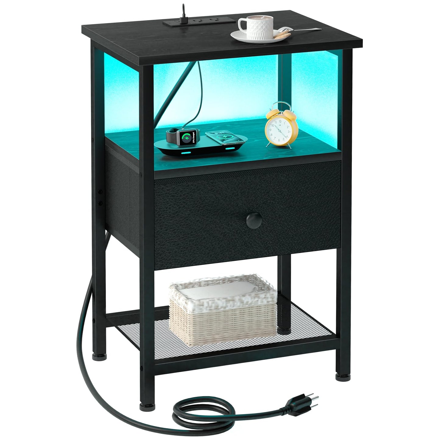 LOAKEKEL Night Stand, LED Nightstand with Charging Station, Small End Table with Fabric Drawer for Living Room, Bed Side Table with Storage Shelf for Bedroom, Black, HETS01BK-1