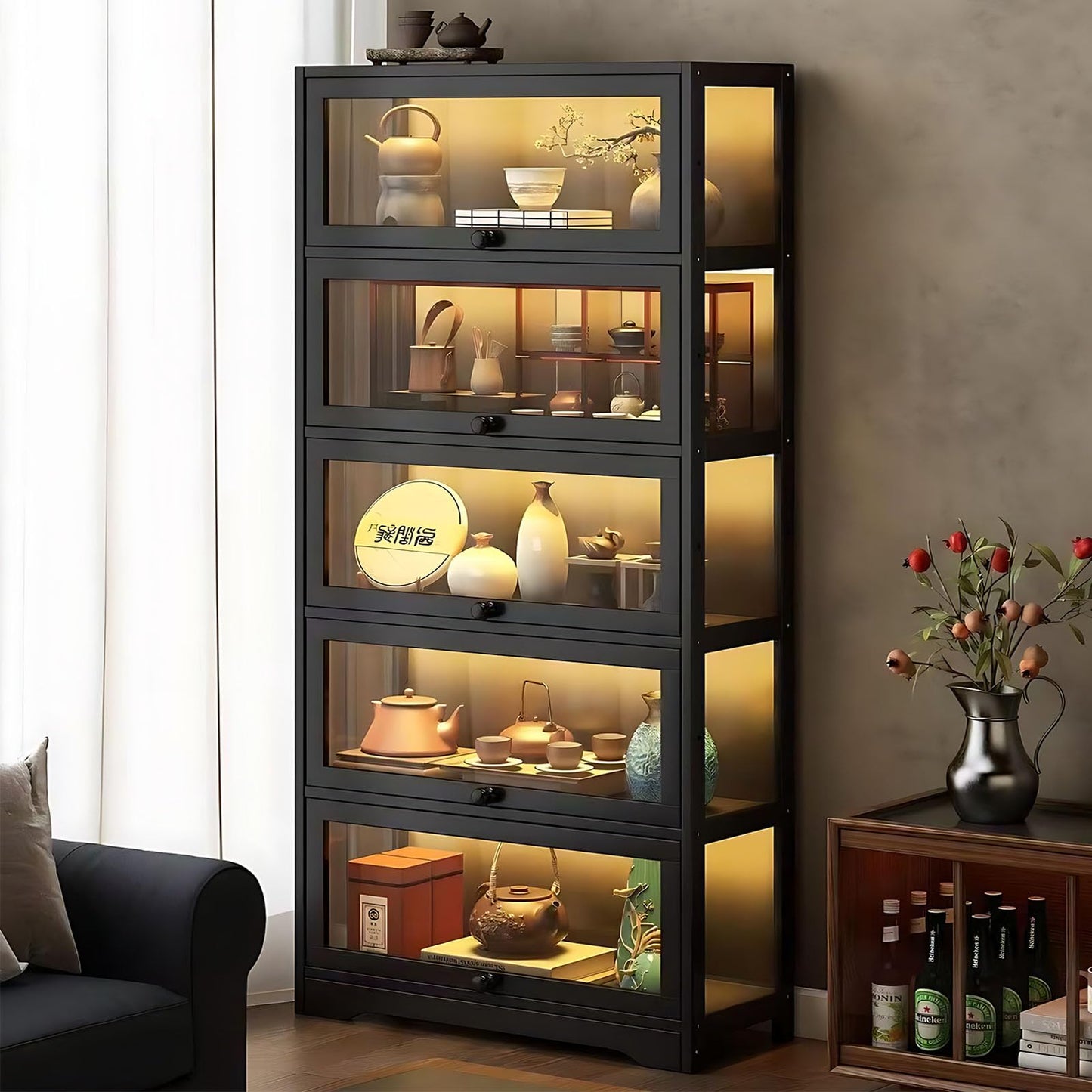 Curio Display Cabinet, 5-Tier Display Case with Acrylic Glass Doors, 67" Tall Transparent Bamboo Curio Display Shelf for Collectibles, Storage Cabinet for Playroom, Bedroom, Office, Living Room, Black