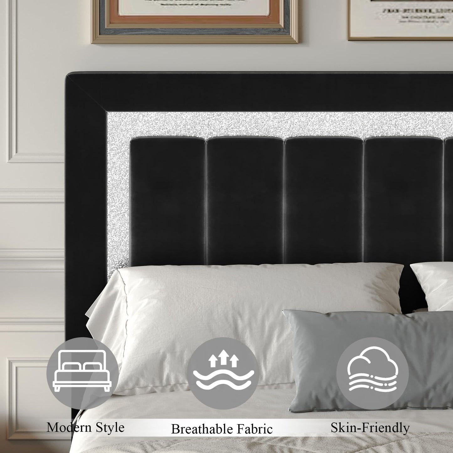 HOMBCK King Size Bed Frame with Headboard, Velvet Upholstered Bed with Diamond Design, Upholstered Platform Bed Frame with Wooden Slats Support, No Box Spring Needed, Easy Assembly, Black