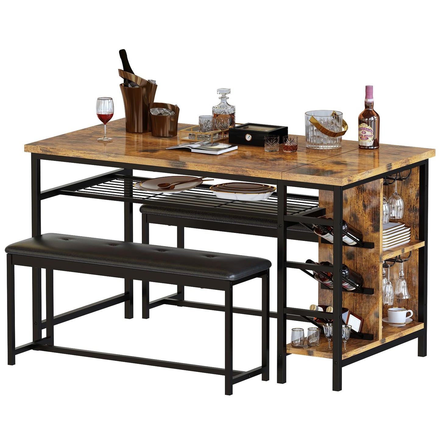 AWQM Space Saving Dining Table Set for 2-4 People, 53" Kitchen Table with 2 Upholstered Bench, Dinner Table with Wine Rack Glass Holder and Storage Shelf, 3-Piece Dinette Table for Small Apartment