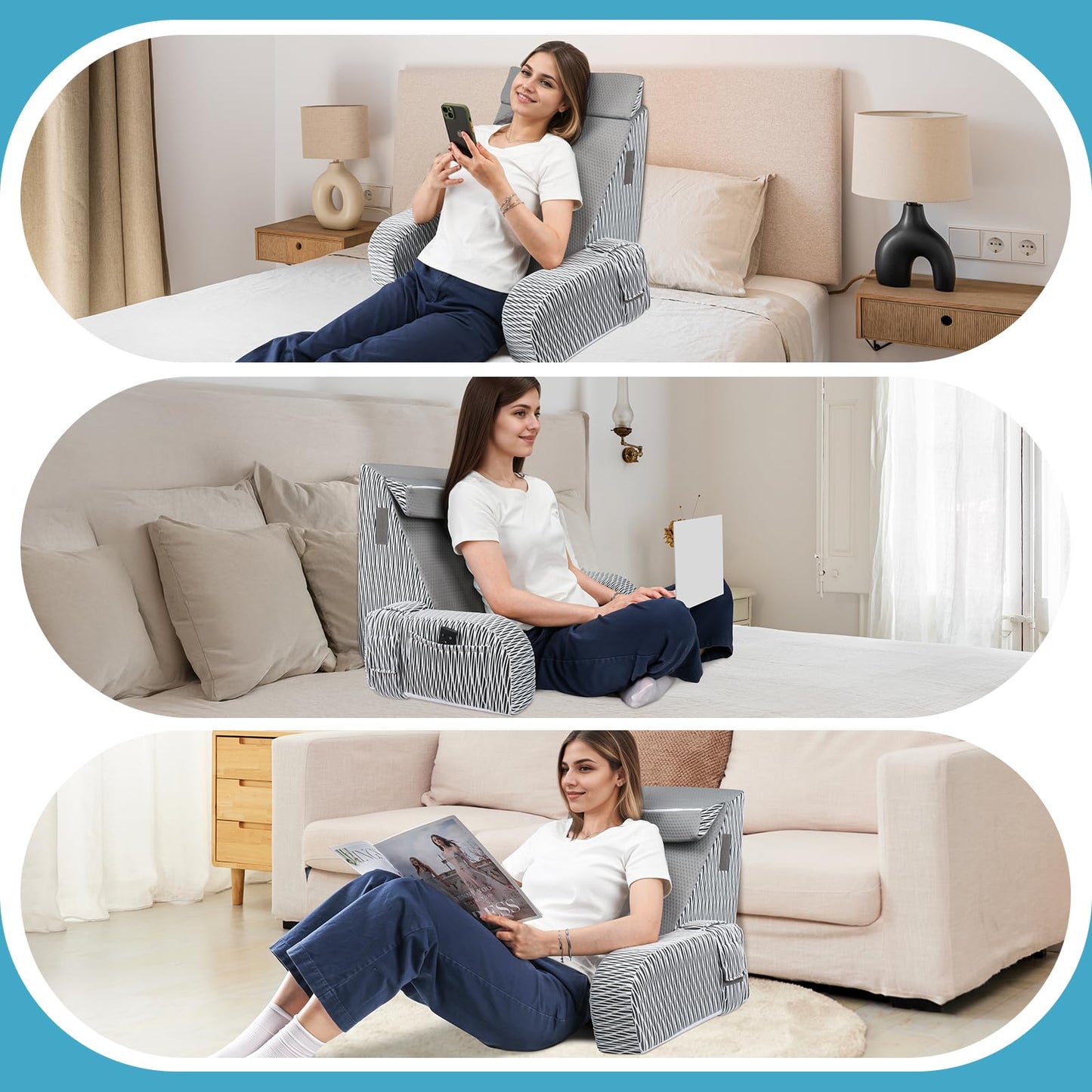 DREAMANIA Reading Pillow for Sitting in Bed Adult - Back Pillow for Bed Sitting up, Backrest Support Pillow for Lounging/Reading/Gaming/Resting/Watching TV, Bedrest, Stripe