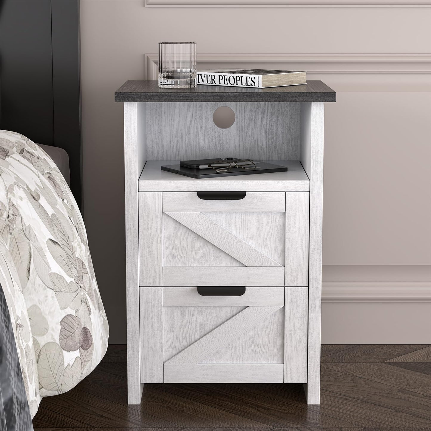 AURINEST Farmhouse Night Stand Set of 2, Bed Side Table with 2 Drawers and Storage Shelf, Rustic White End Table for Bedroom, Living, Entryway, Office, Dorm, Small Spaces, White