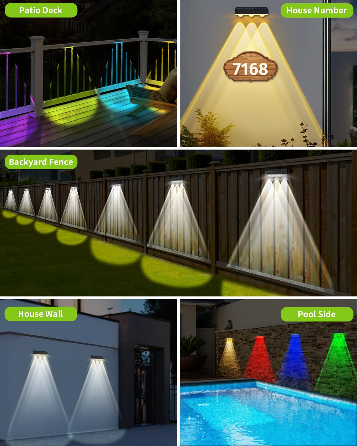 Solar Fence Lights Outdoor 8 Pack Waterproof High Brightness Upgraded 3 LED Spot Lens Deck Lights 7 Mode Warm & Cool White RGB Solar Powered Wall Lighting Decor for Outside Patio Step Backyard Railing