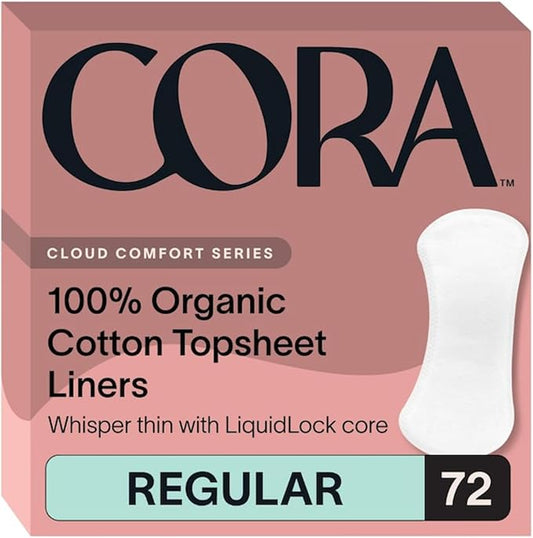 Cora Period Regular Liners | 100% Organic Cotton Topsheet | Unscented, No Wings (72 Liners)