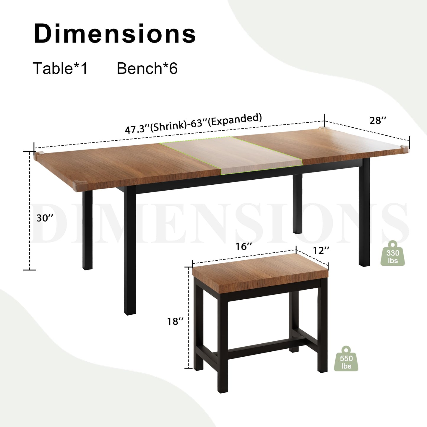 Feonase 7-Piece Dining Table Set with 6 Stools, 63" Large Extendable Kitchen Table Set for 4-8, Mid-Century Dining Room Table with Heavy-Duty Frame & MDF Board, Easy Assembly, Walnut