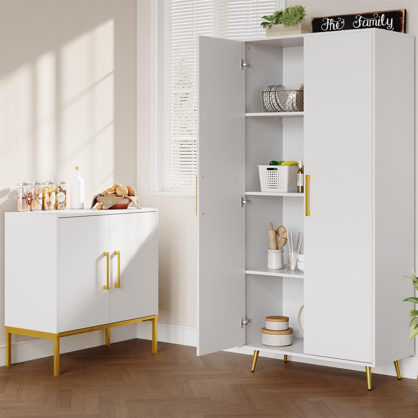 LYNSOM Tall Storage Cabinet, Freestanding Kitchen Pantry Cabinet with Adjustable Shelf and Doors, Floor Storage Accent for Kitchen, Dining Room (White)