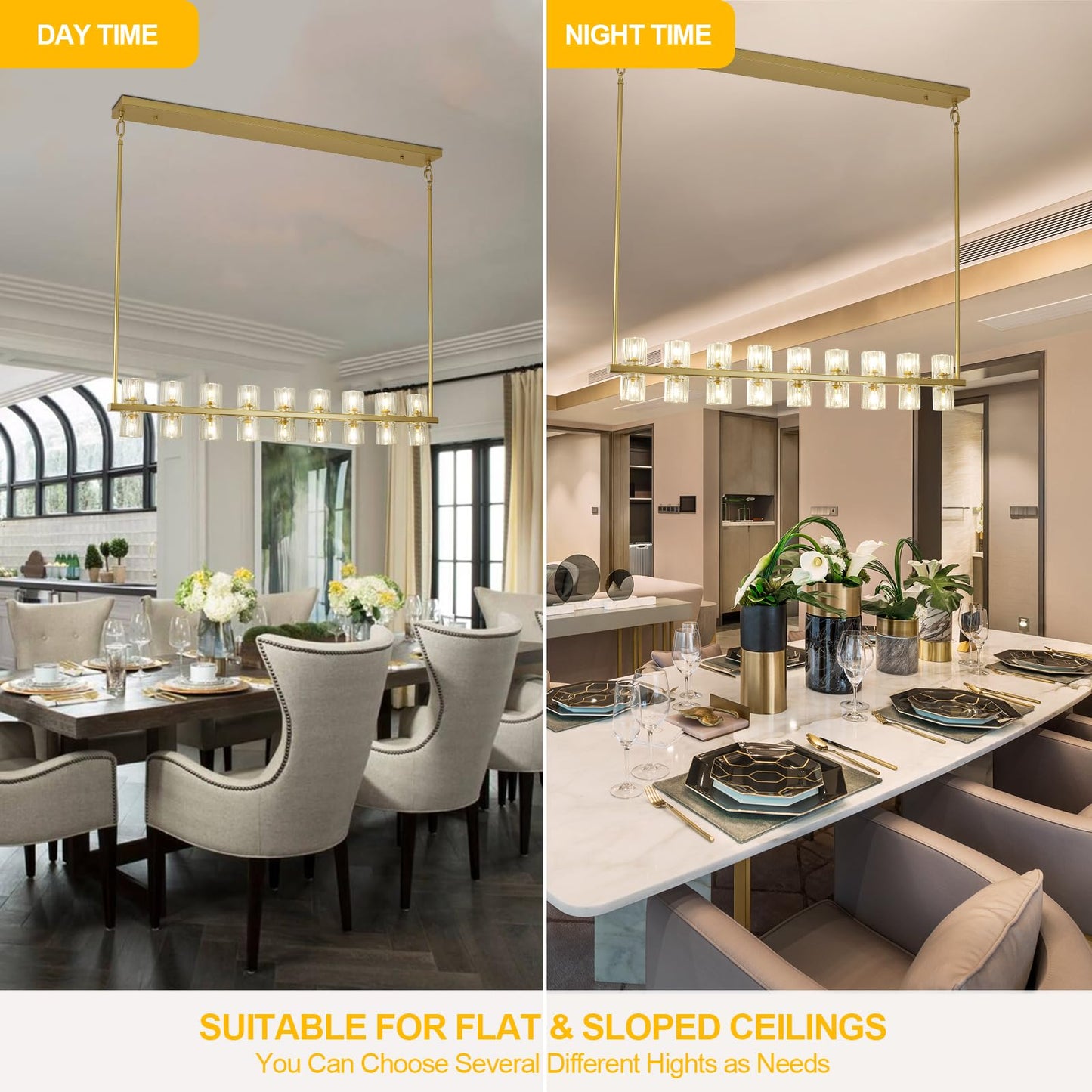 GRUSTRUST Gold Chandelier, 42" Kitchen Island Lighting Rectangle Linear Chandeliers, Dining Room Light Fixture Over Table, Brass Chandelier with Crystal Modern Pendant Light, Bulbs18xG4 Included
