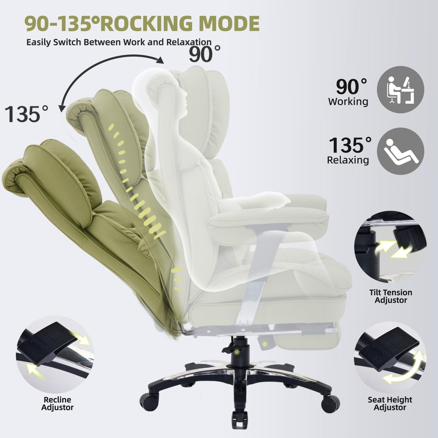 Efomao Big and Tall Office Chair with Footrest – High Back Computer Chair with Adjustable Armrests，Executive Office Chair with Wide Seat, Modern Desk Chair for Home Office, Gaming, or Study, Green