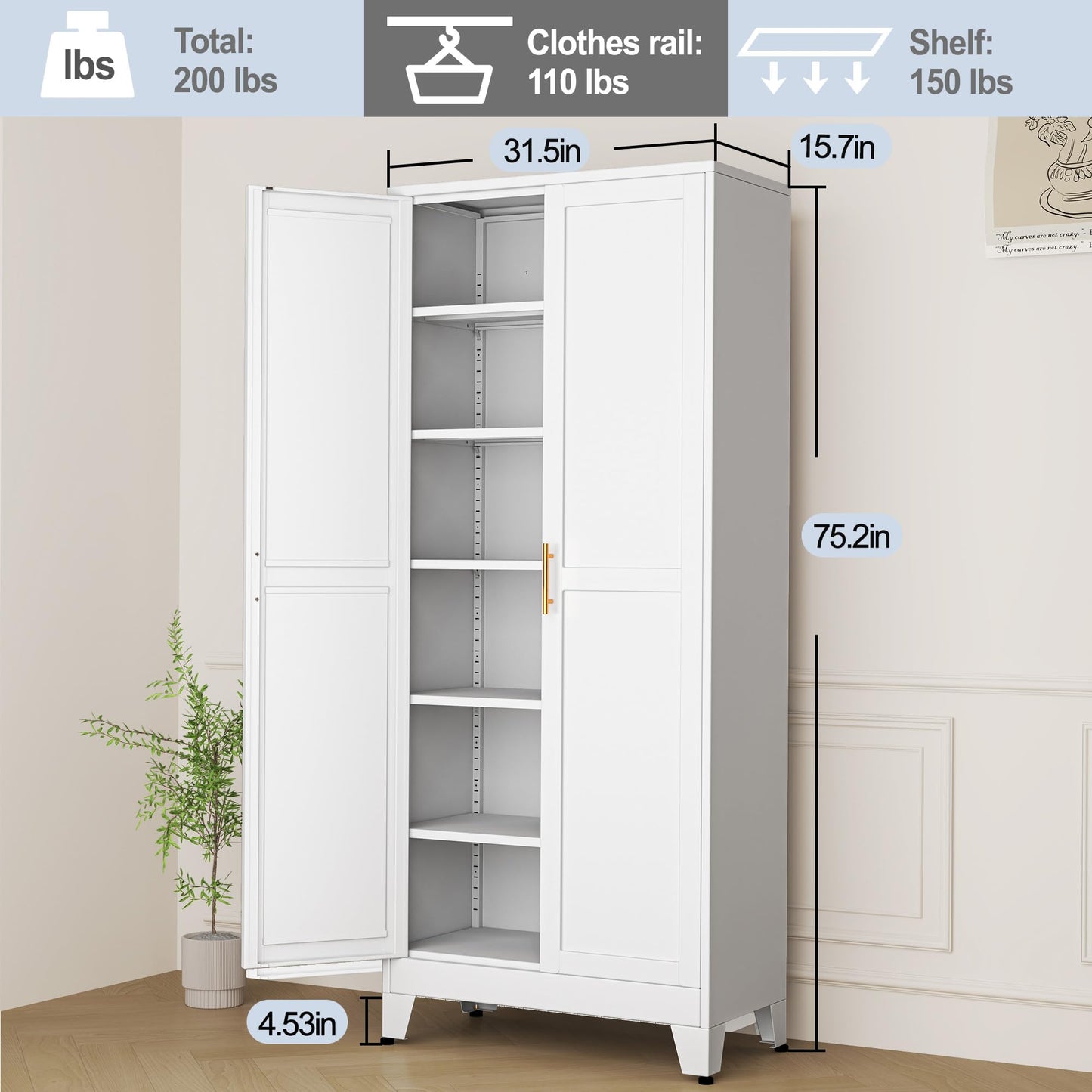 RISTERN White Metal Storage Cabinet,75" Steel Cabinets for Home Office, Kitchen Pantry Storage Cabinet with Doors and 5 Adjustable Shelves, Tool Cabinets, for Office, Home, Garage, School