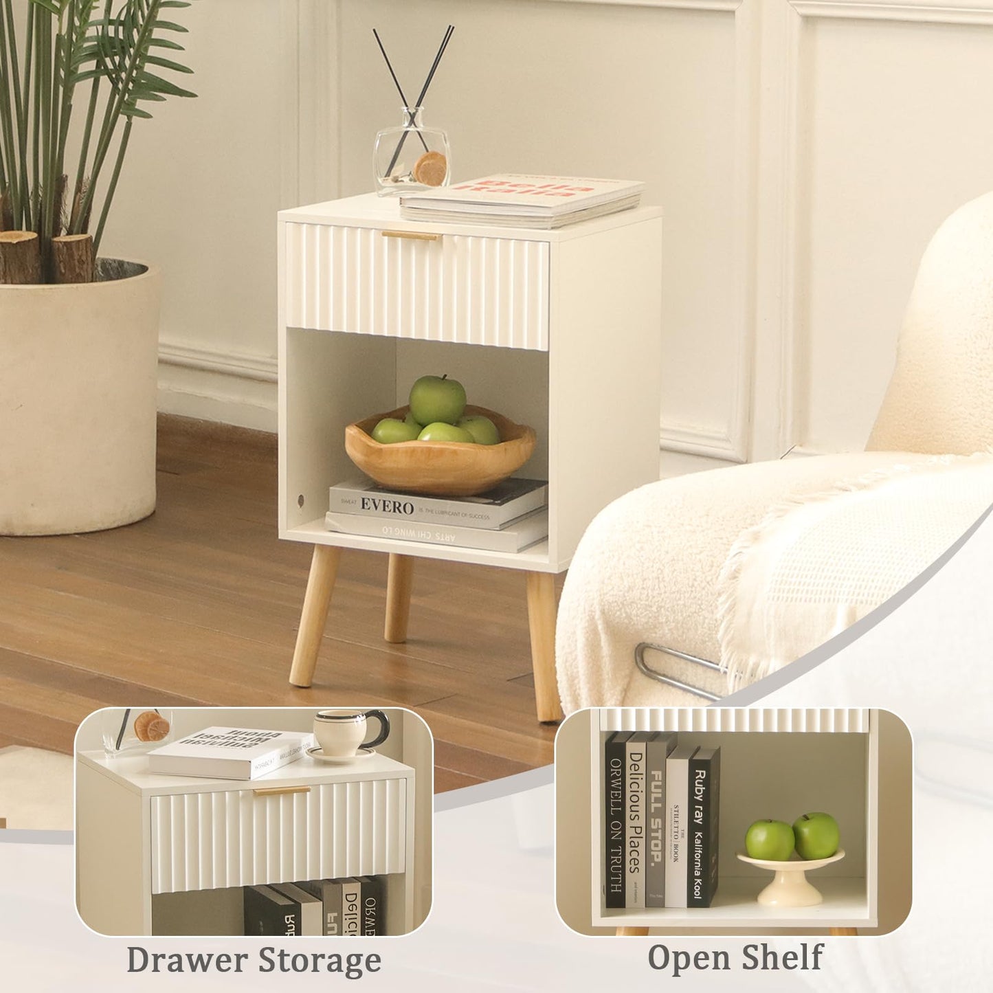 Fultyle White Nightstand, Modern Bedside Table with Drawer and Opening Storage, Fluted End Side Table Living Room with Solid Wood Legs for Bedroom (White)