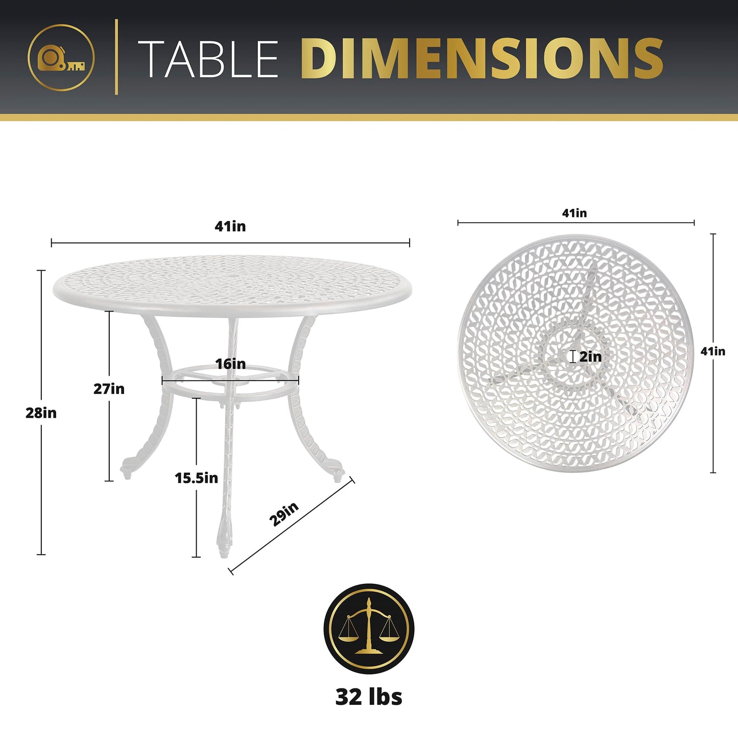 Kinger Home 5-Piece Cast Aluminum Outdoor Dining Furniture Set for 4, Round Patio Table and Chairs for 4 with Cushions, Outdoor Furniture Set with Umbrella Hole, All-Weather Patio Dining Set