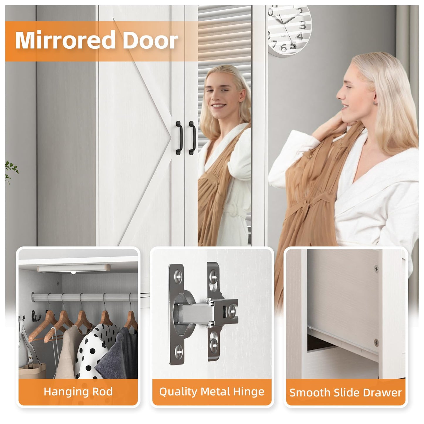 UZUGUL Armoire Wardrobe Closet with Mirror and 2 Drawers, 72'' Bedroom Armoire Wardrobe Cabinet with Hanging Rod and Light,Wooden Bedroom Closet with Adjustable Shelf