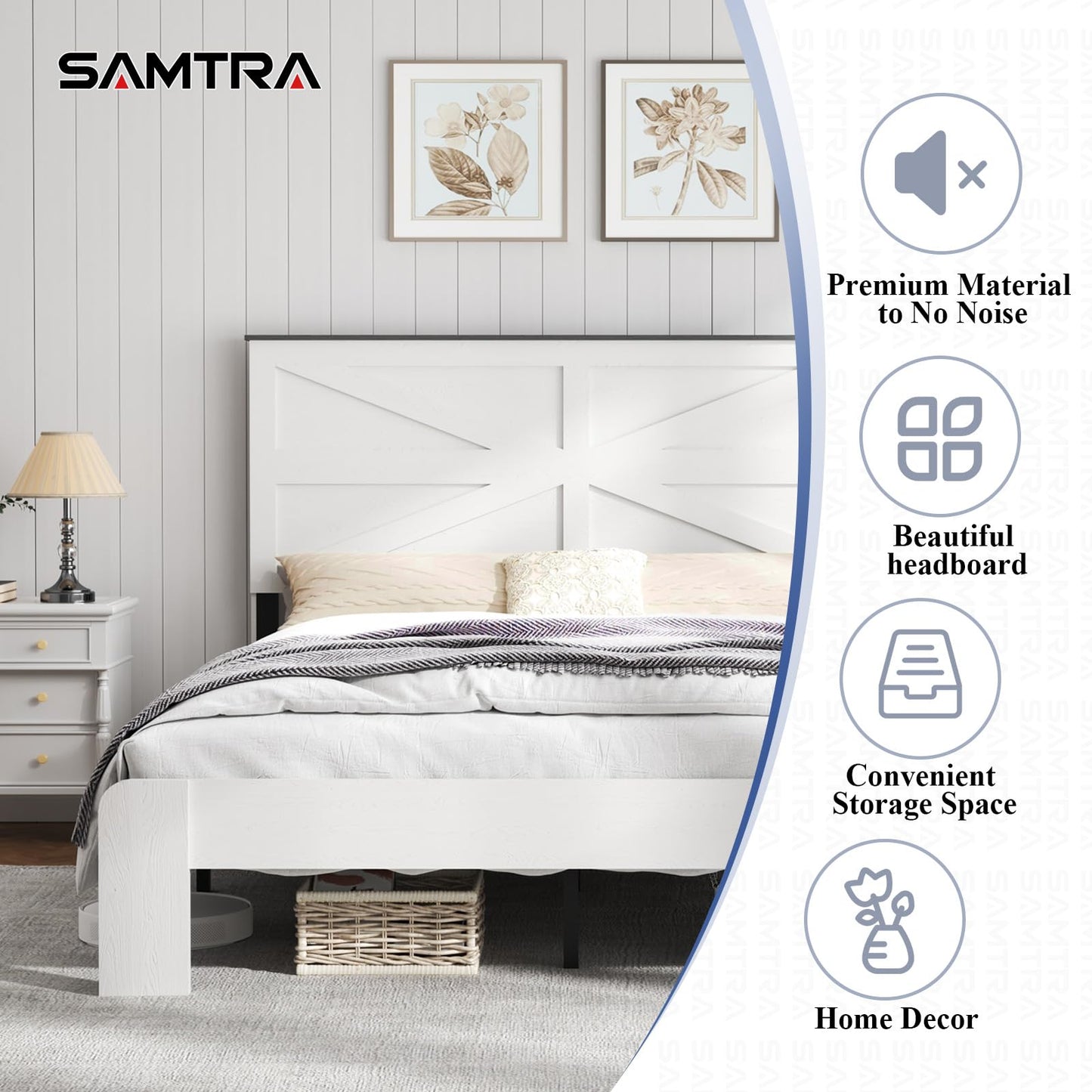 SAMTRA Wooden Bed Frame Queen Size with Headboard, Farmhouse Platform Bedframe with Wood Slat Support, Sturdy Framework Bed Frame, Easy Assembly (Rustic White)
