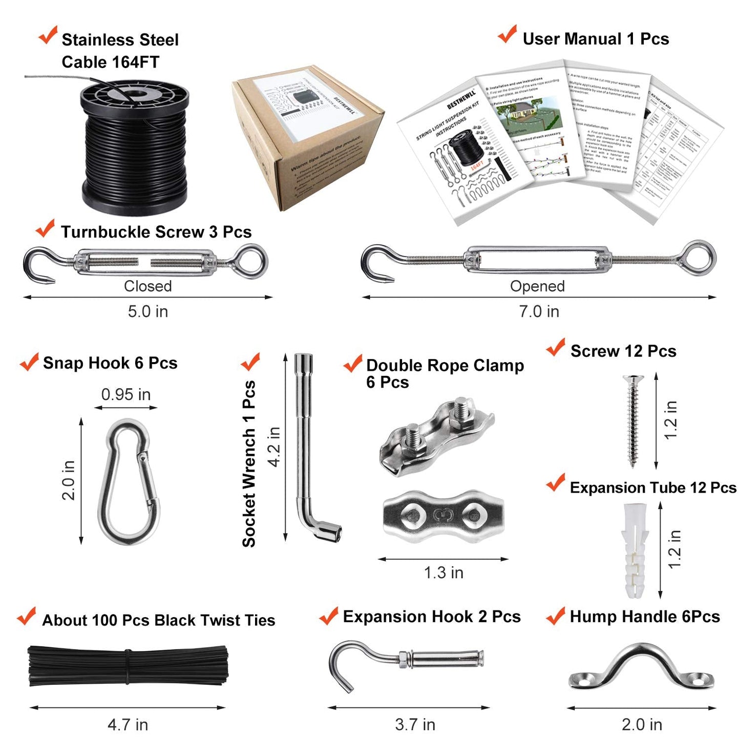 String Lights Hanging Kit,Globe String Lights Suspension Kit,Outdoor Light Guide Wire,Includ 164 FT Nylon-Coated Stainless Steel Wire Rope Cable,Turnbuckle and Hooks,Enough Accessories,Use Manual