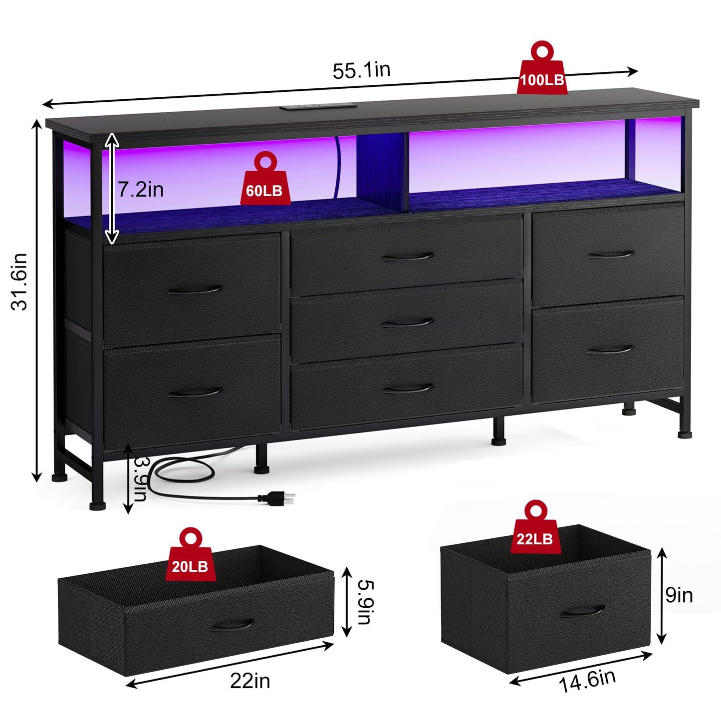 Fixwal 55 Inches Long Dresser Black Dresser for Bedroom with Power Outlets and LED Lights, 65-inch TV Stand with 7 Fabric Drawers, TV Stand for Bedroom Furniture, Chests of Drawers for Closet