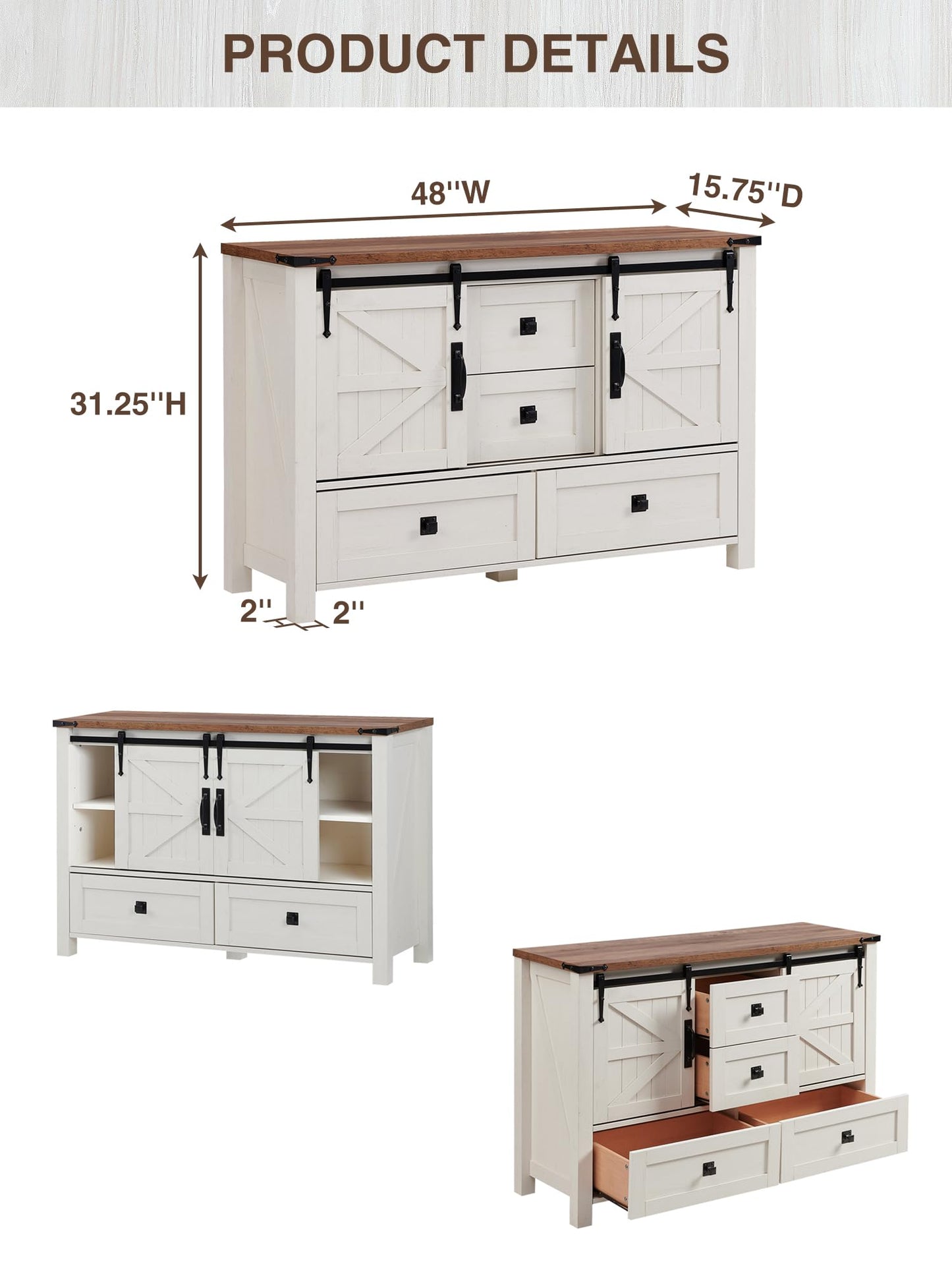 T4TREAM Farmhouse Dresser for Bedroom w/4 Drawers & Sliding Barn Doors, 48'' Wide Chest of Drawers, Rustic Dresser TV Stand w/Shelf, Organizer for Bedroom, Living Room, Entryway, Antique White