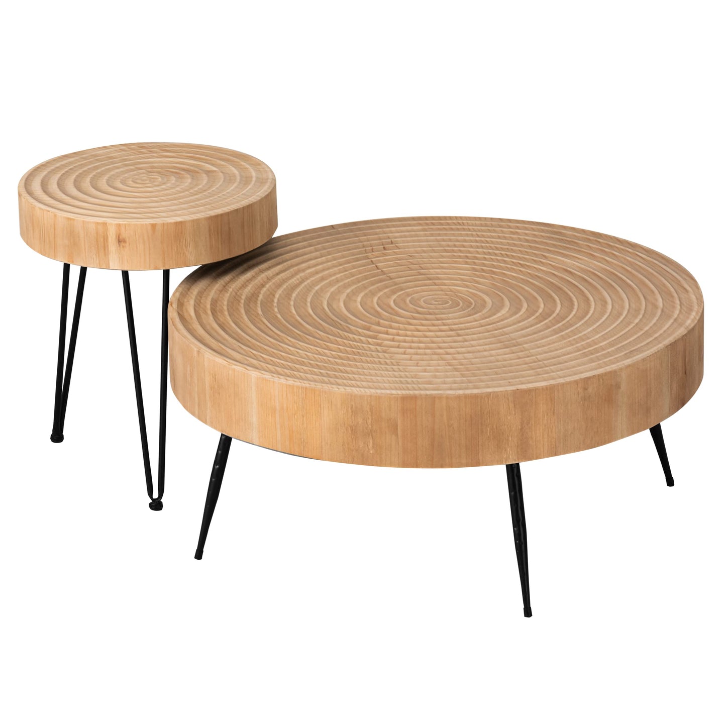 LONYKE 2-Piece Boho Farmhouse Nesting Table with Handcrafted Wood Ring Motif, Round Natural Finish Coffee Table Set for Living Room, French Country Decor, Round