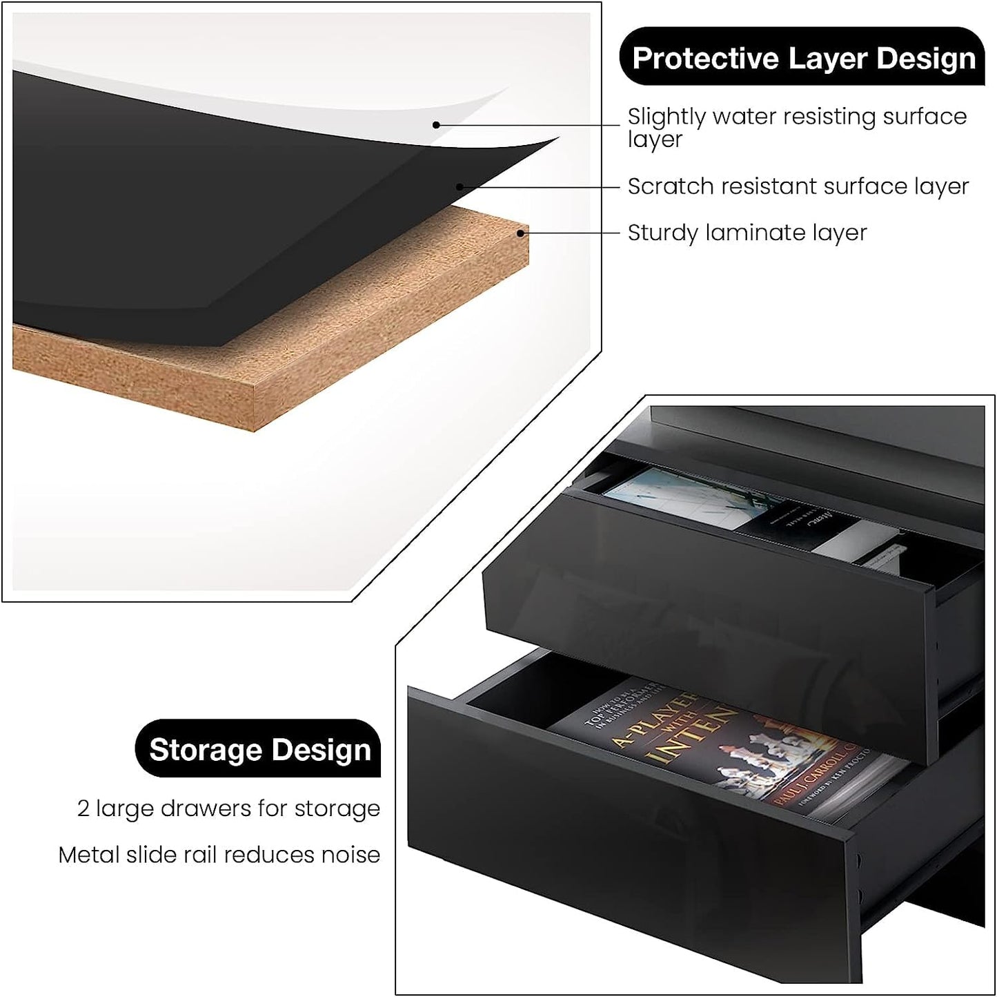 HOMMPA LED Nightstand - Modern Black Night Stand with 2 High Gloss Drawers - 20.5' Tall