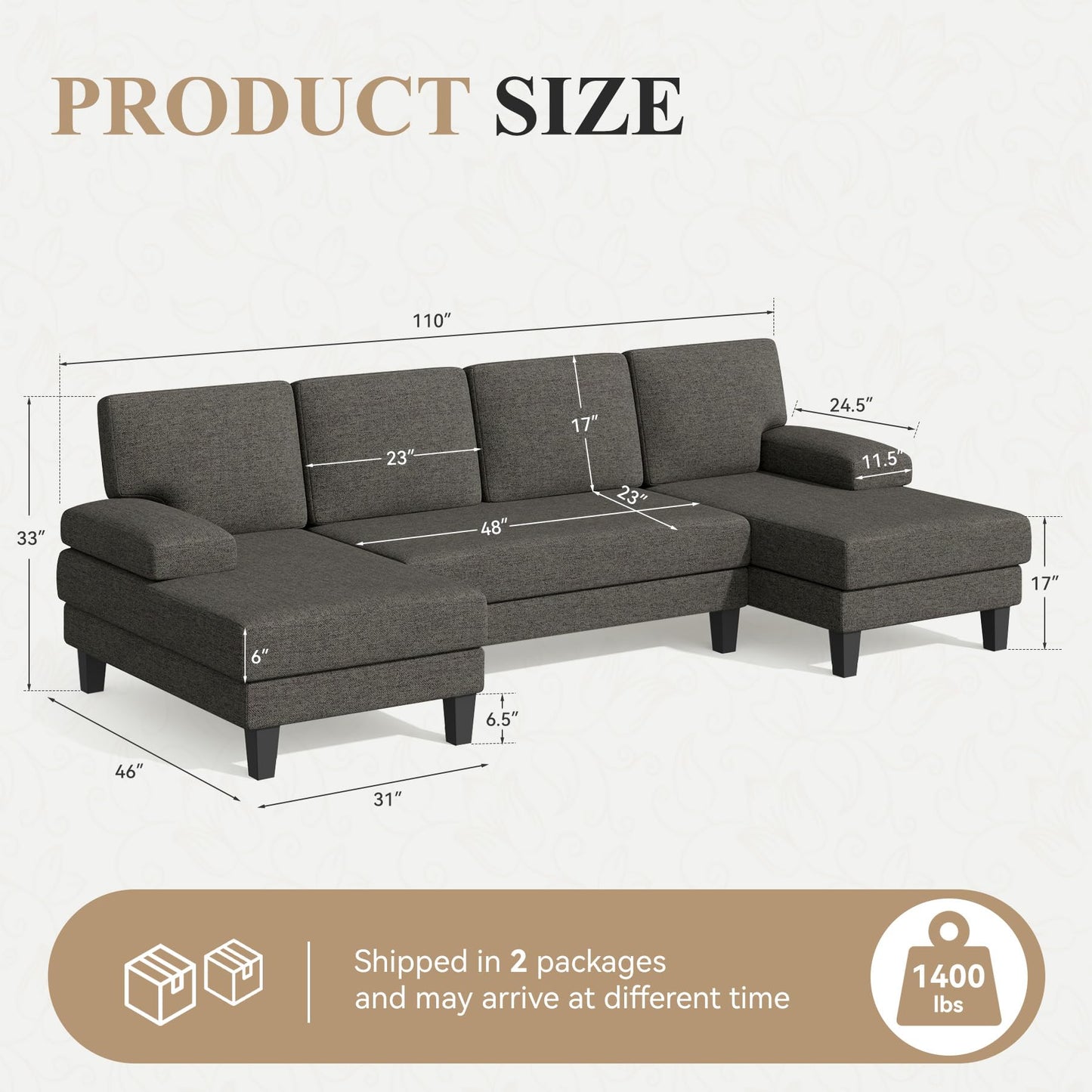 Luxanimarion U-Shaped Sectional Sofa Couch for Living Room, Modern Modular Sofa with Double Chaise, Classic Lounge Couch Sleeper for Apartment, Darkbrown