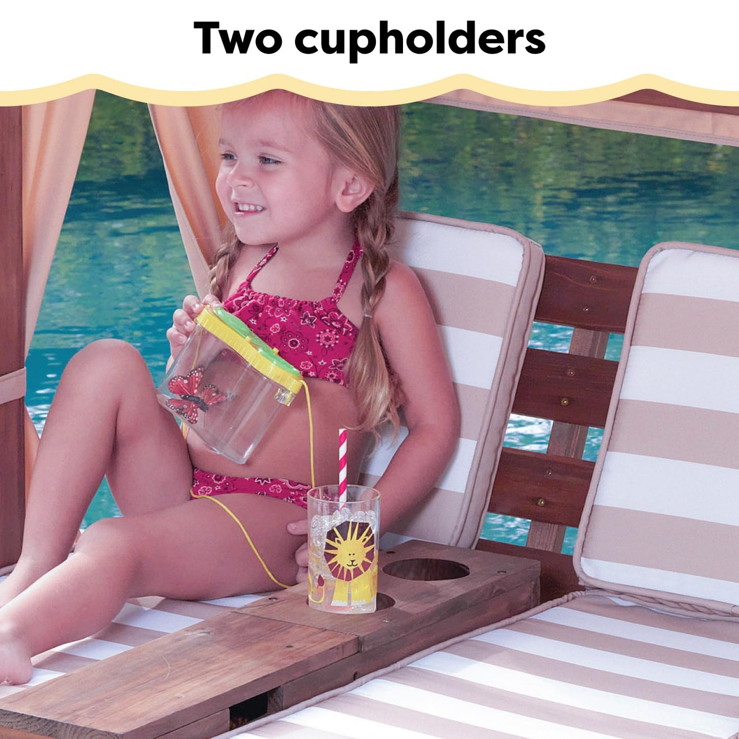 KidKraft Wooden Outdoor Double Chaise Lounge with Cup Holders, Patio Furniture for Kids or Pets, Espresso with Oatmeal and White Striped Fabric