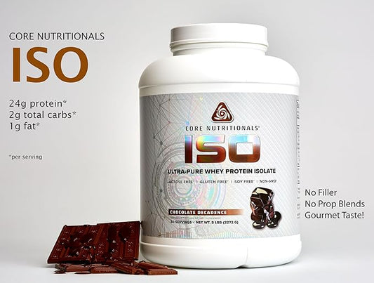 Core Nutritionals ISO, 100% Micro Filtered, Zero Artificial Fillers, 25g Whey Protein Isolate, 80 Servings (Chocolate Decadence)