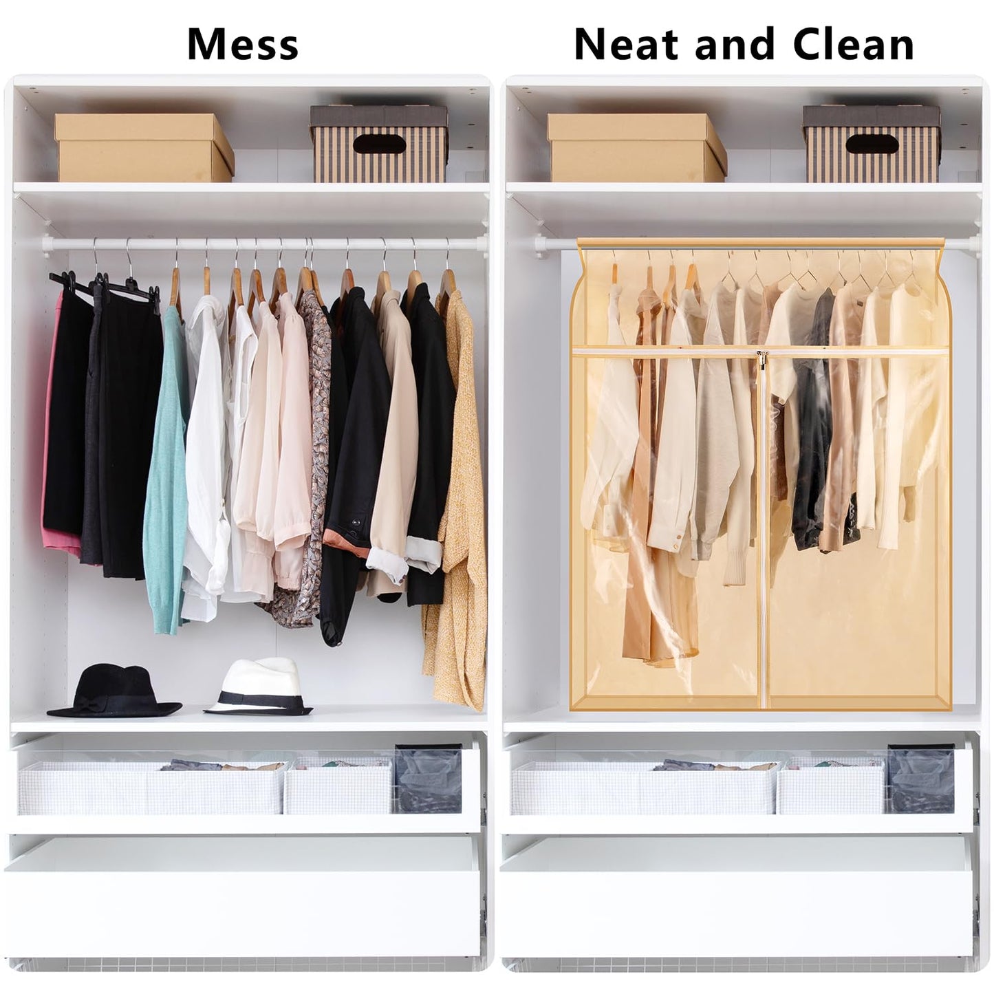 TEMUORG Garment Bags for Hanging Clothes Storage Closet Garment Rack Cover Dust Proof Coat Protector for Suits Jackets with Large Clear Window (Beige)