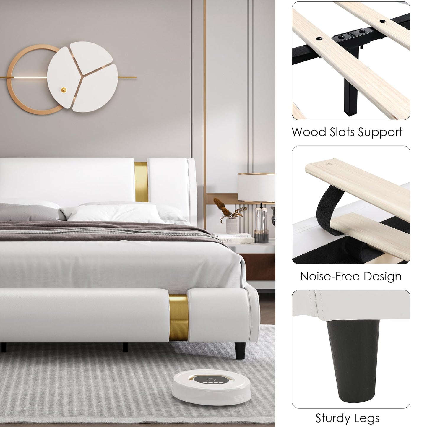 TTVIEW Modern Faux Leather Upholstered Platform Bed Frame with Golden Iron Metal Decor, Adjustable Curved Headboard, Wooden Slats Support, No Box Spring Needed, Queen Size, White
