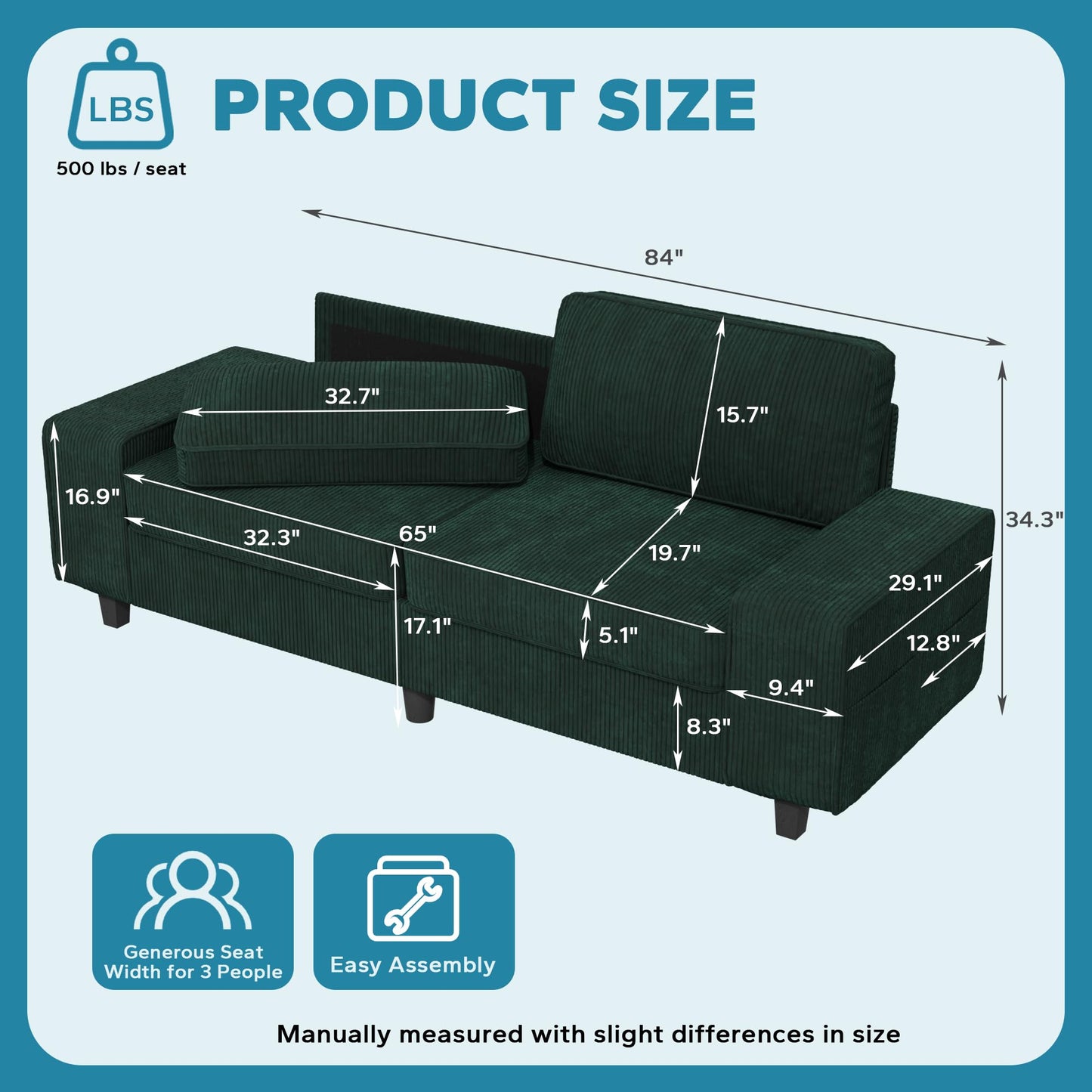 MeetLeisure 84" Corduroy Loveseat Couch, 3 Seater Retro Sofa with 4 Side Pockets, Removable and Washable Cushions, Mid Century Modern, Living Room, Apartment, Office (Green)
