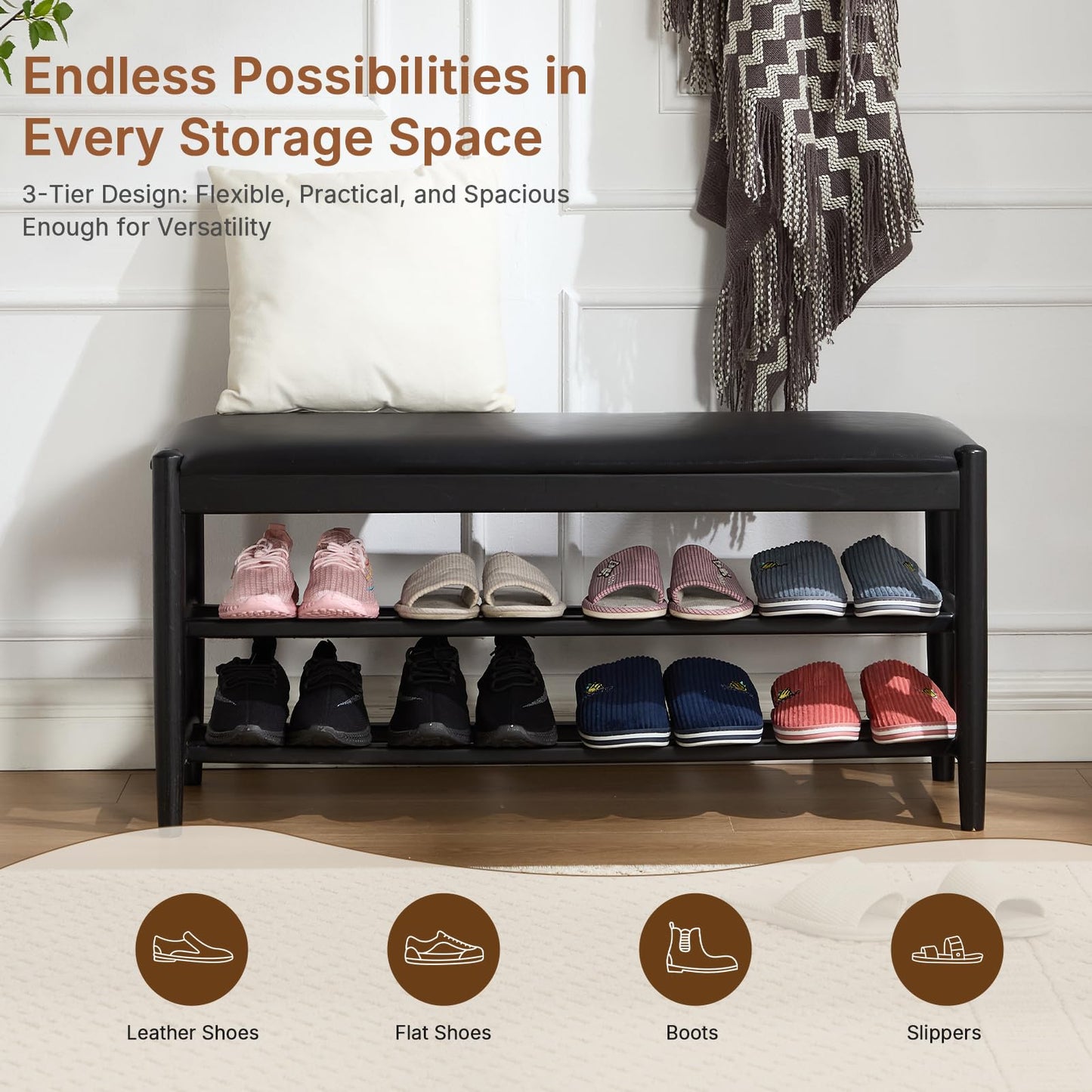 CREATISAN Shoe Bench, Solid Oak Wood Entryway Bench with Storage, 3-Tier Shoe Storage Bench with PU Leather Seat, Mid Century Shoe Rack Benches for Hallway, Bedroom, Living Room, 43.3" Black
