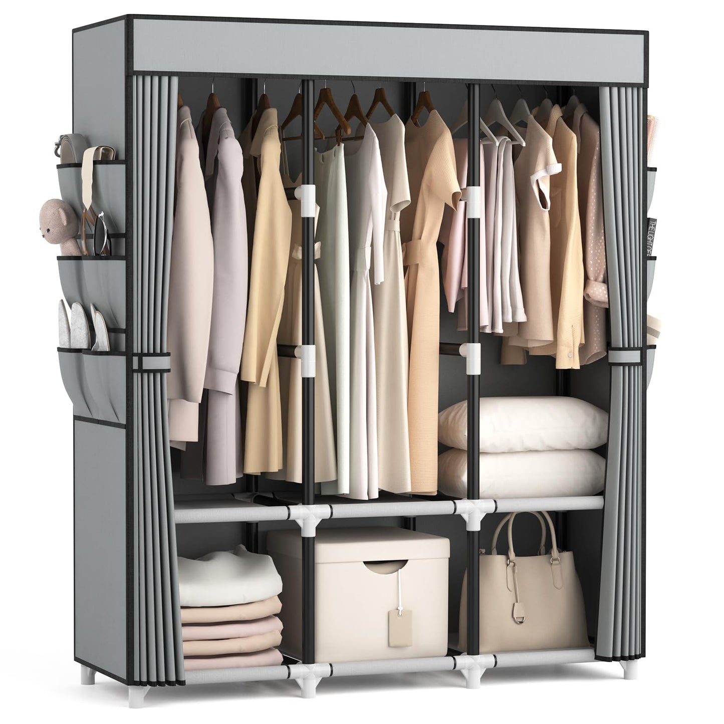 VTRIN Portable Closet Wardrobe for Hanging Clothes Closet with Cover, 3 Hanging rods, 6 Storage Shelves and Side Pocket, Diameter 19mm Metal Pipe, Sturdy Free Standing Closet for Bedroom