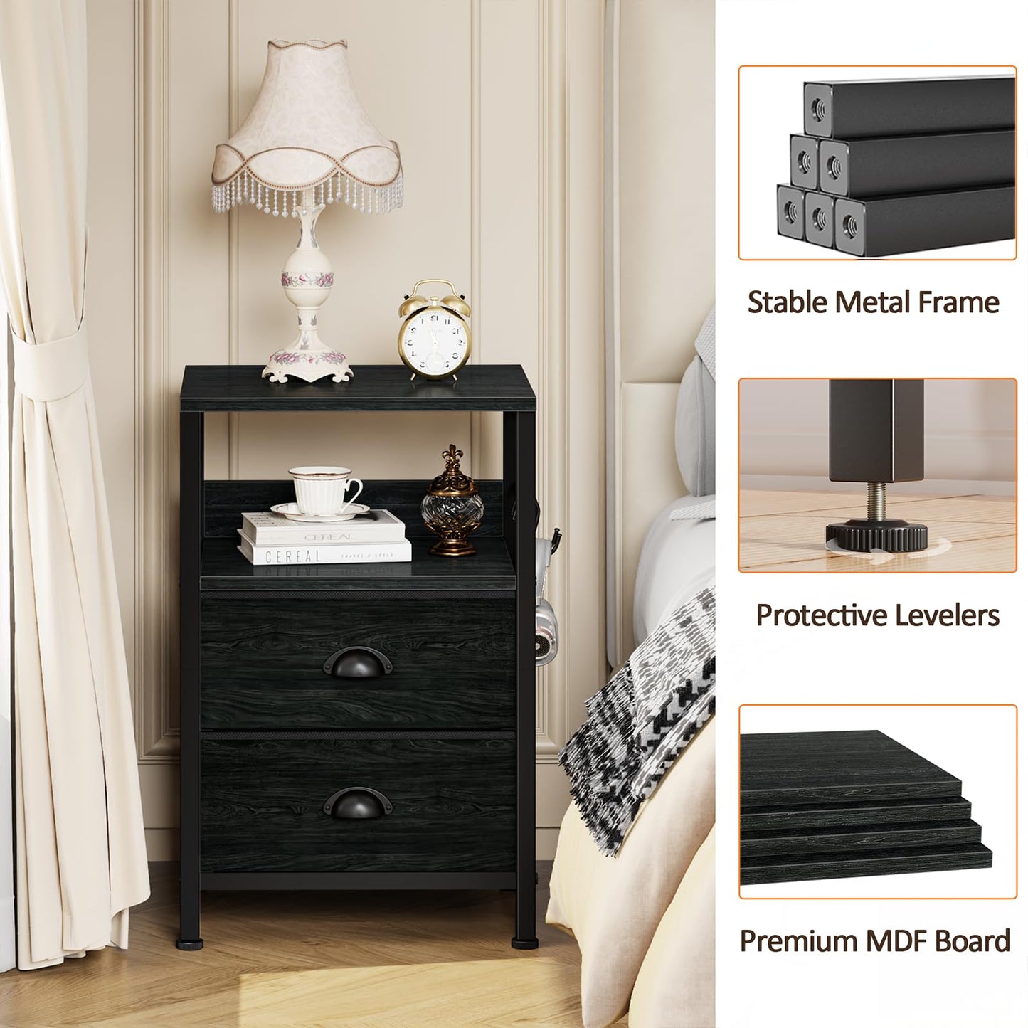 Furologee Nightstands Set 2, End Tables with 2 Fabric Drawers, Bedside Tables with Hooks and Shelf, Side Tables for Bedroom/Living Room/Study/Black Oak