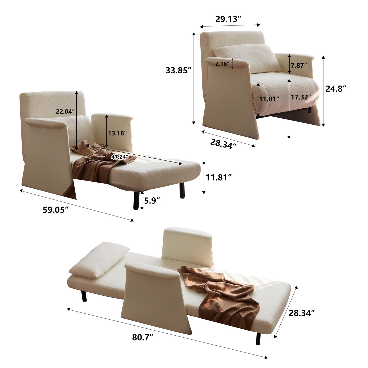 NessCarsti Modern Sofa Bed, 3-in-1 Multi-Functional Sleeper Chair Bed, Boucle Fabric Chair with Adjustable Backrest, for Living Room Bedroom Apartment Small Space, Cream White，29.13"