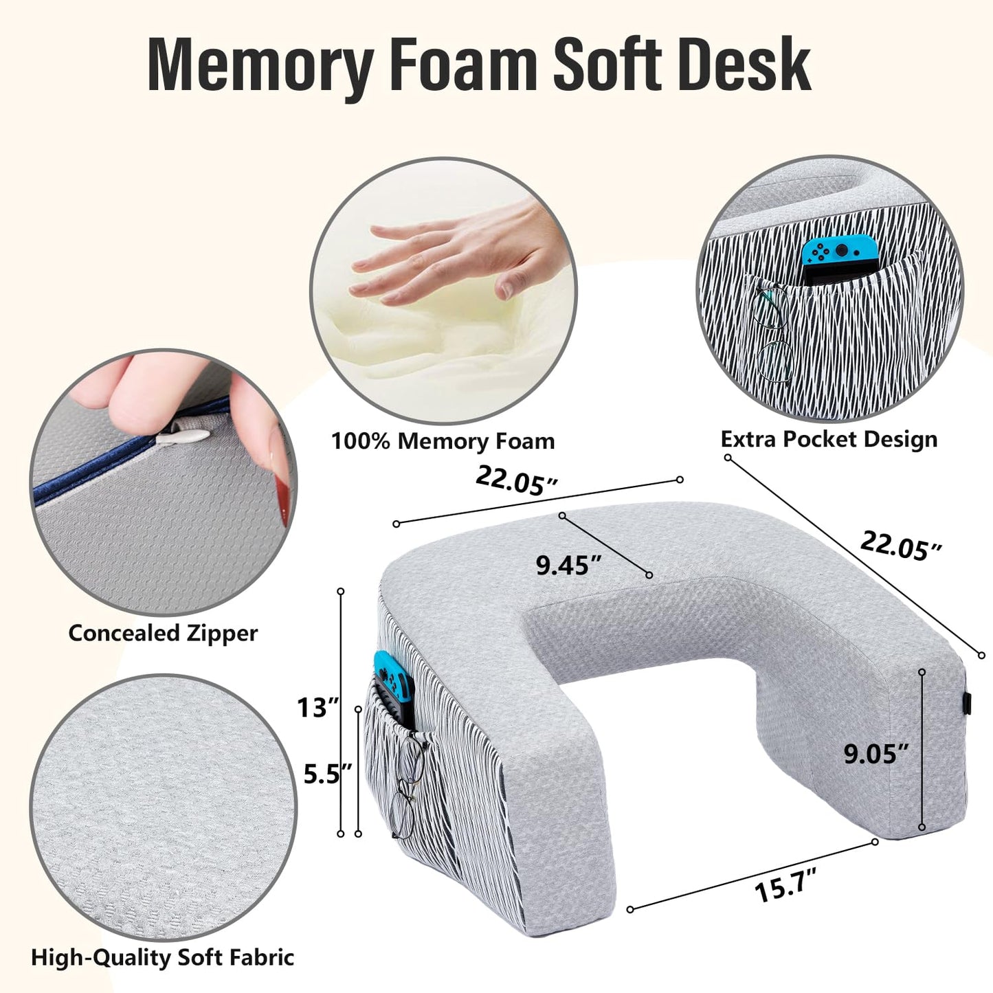 cooloo8 Reading Pillow for Lap, Extra Large Arm Rest Pillow for Adult, Memory Foam Lap Desk Pillow for Reading, Working, Crocheting, Playing Steam Deck Switch or Sitting in Bed Couch(Ash Grey)