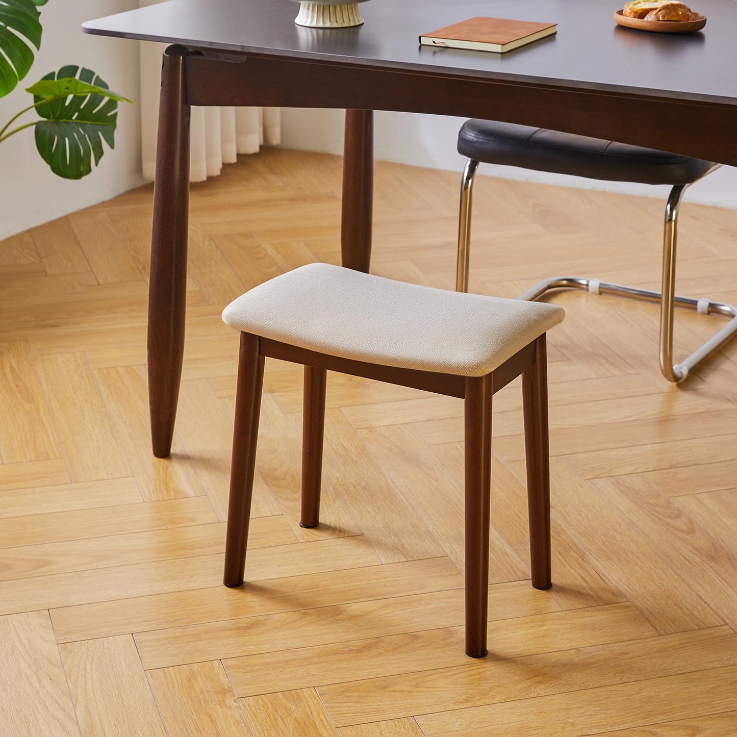 IBUYKE Saddle Cushion Vanity Stool Chair, Foot Rest Stool with Solid Wood Legs, Modern Vanity Bench Ottoman for Piano, Upholstered Seat for Bedroom, Entryway, Walnut Legs&Off White WBD007HM