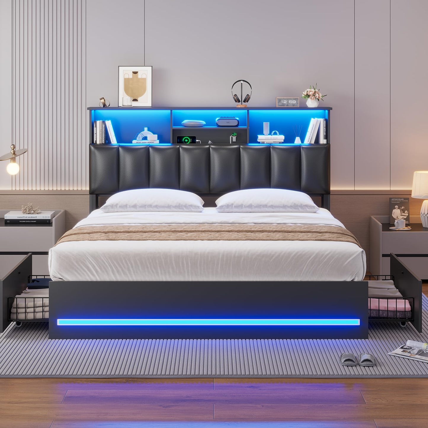AOGLLATI Queen Bed Frame with Stylish Bookcase Headboard & Charging Station & LED Lights,Queen Size Bed Frame with 4 Drawers and Metal Slats, No Box Spring Needed,Black