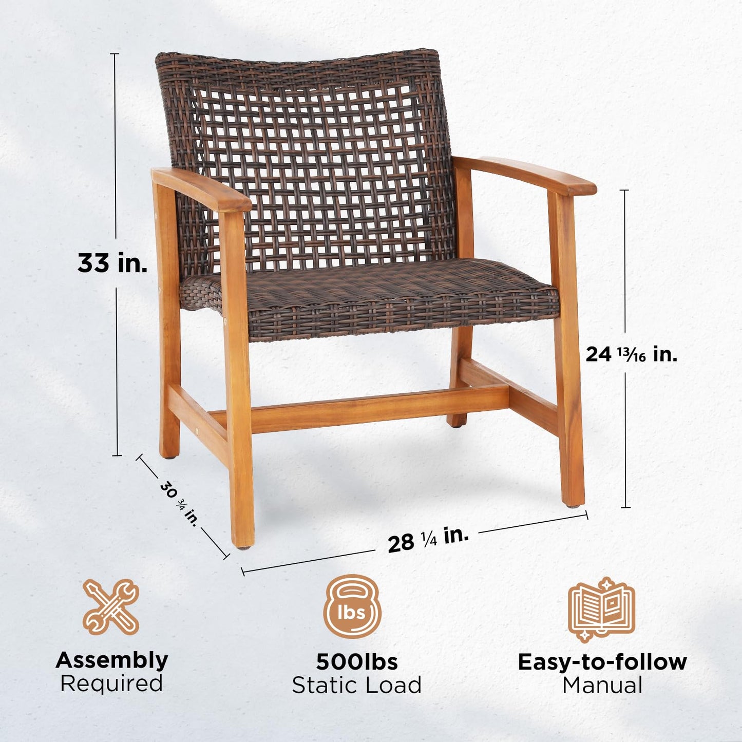 IDZO Liberte 500lbs Capacity Acacia Outdoor Club Chairs Set of 2, FSC Teak Finish Wood Patio Furniture Sets with Upgraded 2000Hours UV Resistant Wicker