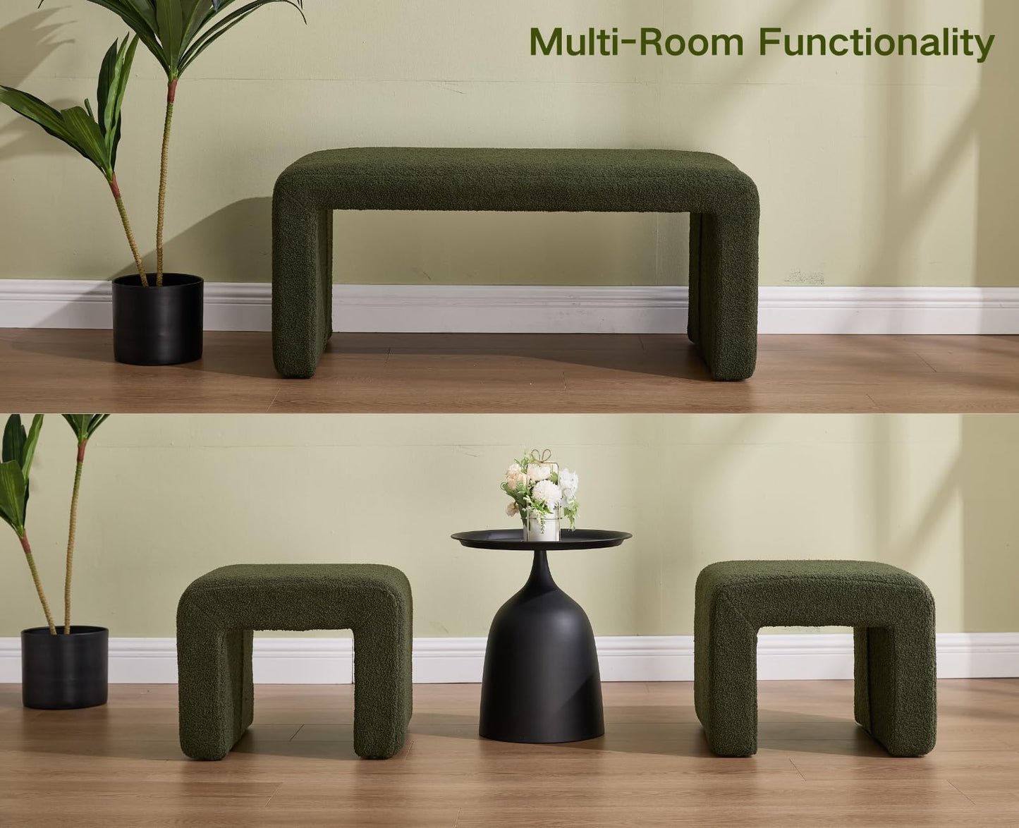 Shunzhi Modern Green Boucle Entryway Bench Set of 3 Nesting Upholstered Sherpa End of Bed Bench Rectangular Vanity Ottoman Bench with 2 Small Footrest Stool for Living Room/Bedroom/Hallway