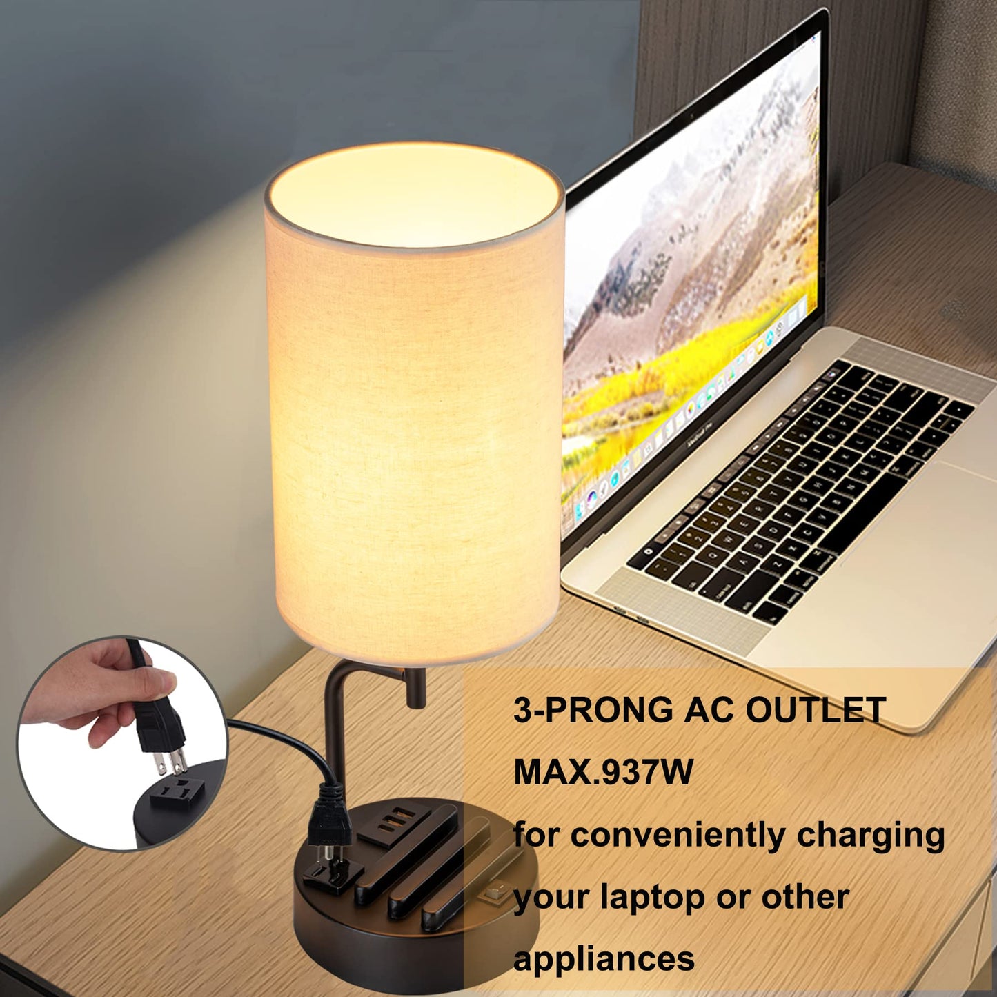 Dreamholder Table Lamp with 3 USB Charging Ports, Modern Desk Lamp with AC Outlet and Phone Stands, Perfect Bedside Lamp for Bedroom, Living Room, Office (Pack of 2), Cream
