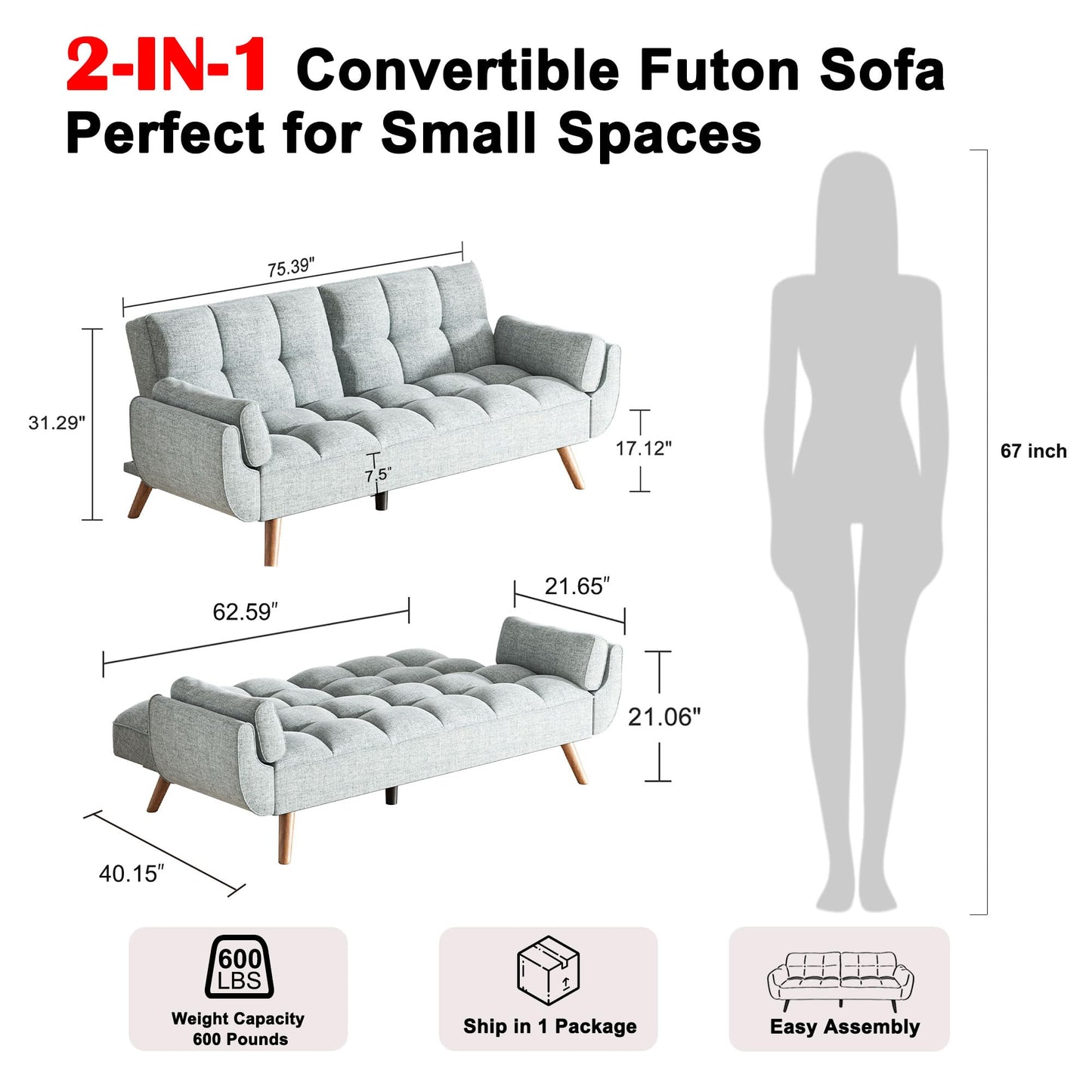 usihxjg 75.4″ Futon Sofa Bed - Convertible Sleeper Couch with Adjustable Backrest, Comfy Loveseat for Small Spaces, Living Room, Bedroom - Grey