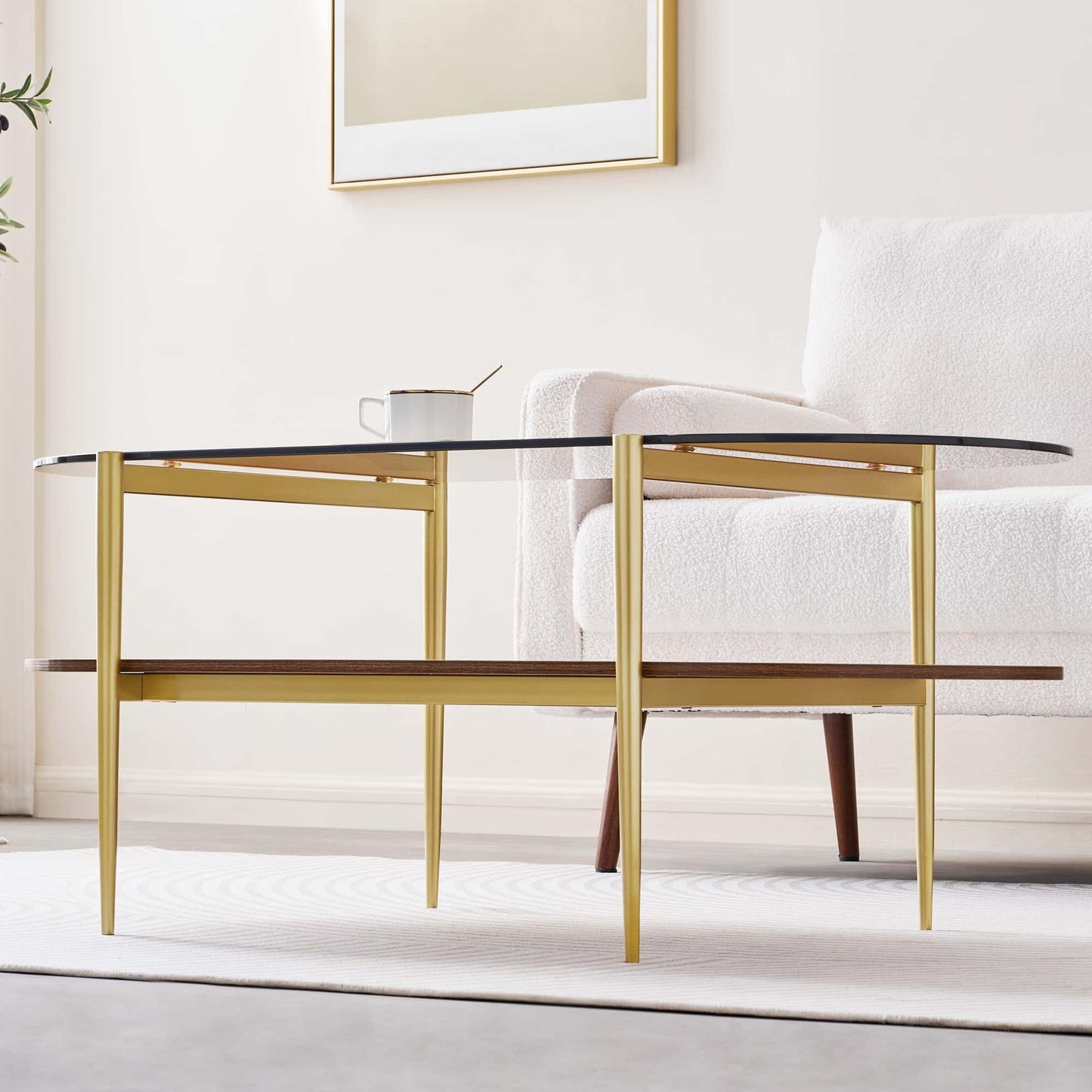 LumFurn Oval Glass Coffee Table, Mid-Century Modern Design, L41 x W21 x H17 inch, for Living Room, 2-Tier Structure, Amber Glass Top and Walnut Finish Wood Shelf, Conical Legs with Gold Finish Frame