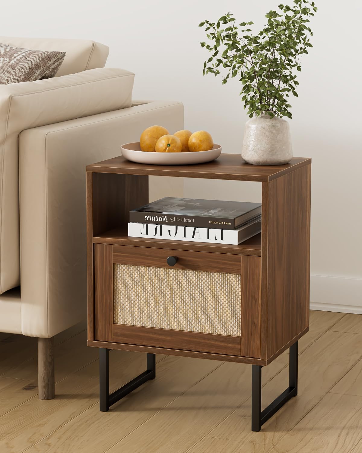 Apetaccat Rattan Nightstand, Boho Night Stand Farmhouse Wood Bedside Table with Storage and Open Shelf, End Side Accent Table for Bedroom,Living Room,Walnut