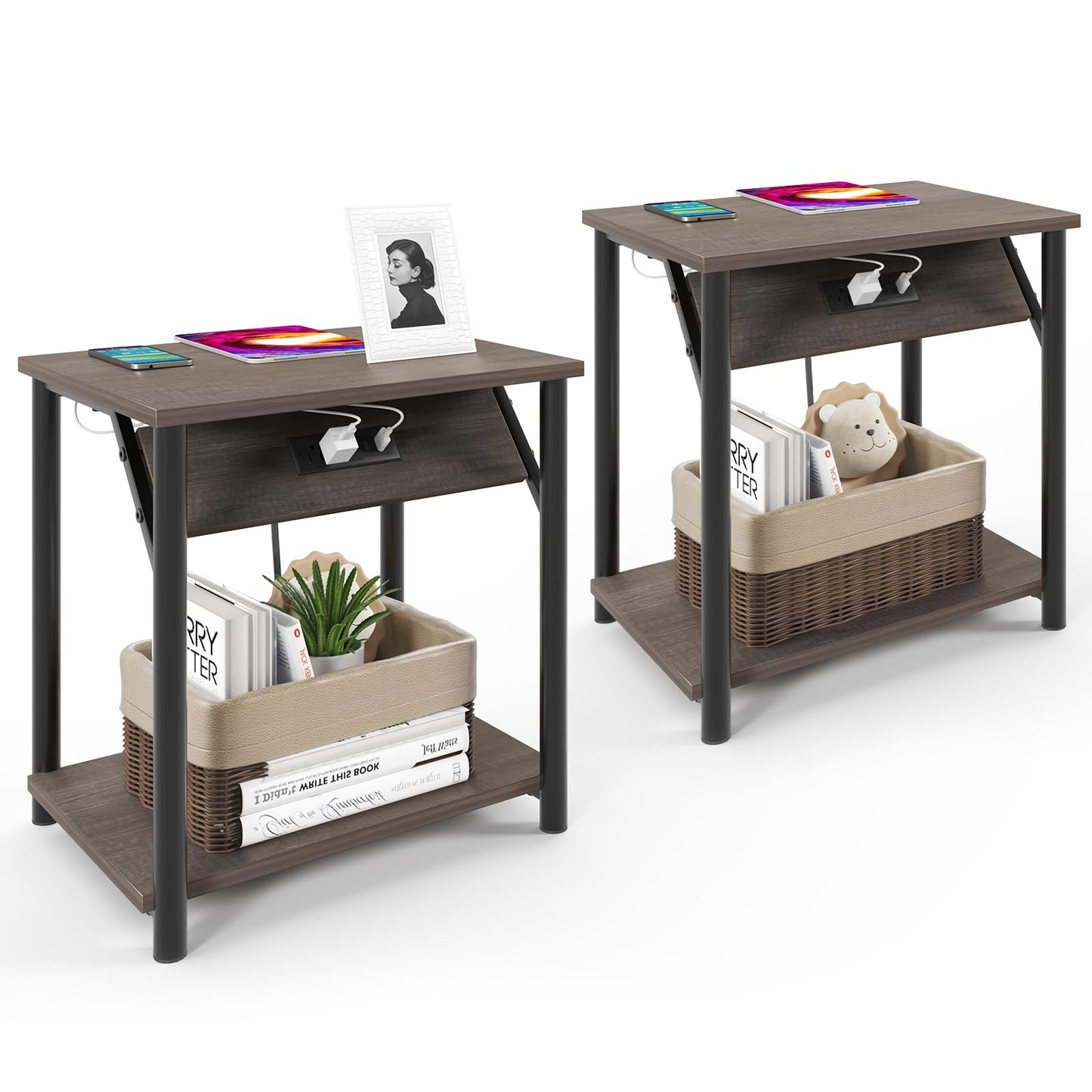 Nightstands Set of 2, Small End Tables with Charging Station, Modern Night Stands, Narrow Side Tables for Small Space, Bedside Tables with 2-Tier Storage Shelf for Living Room, Bedroom, Rustic Grey