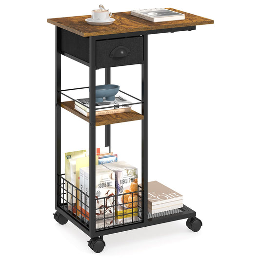 C Shaped End Table, Vintage Side Table with Drawer, Sofa Table with Wheels & Storage Basket for Living Room, Bedroom, Bedside, Rustic Brown and Black