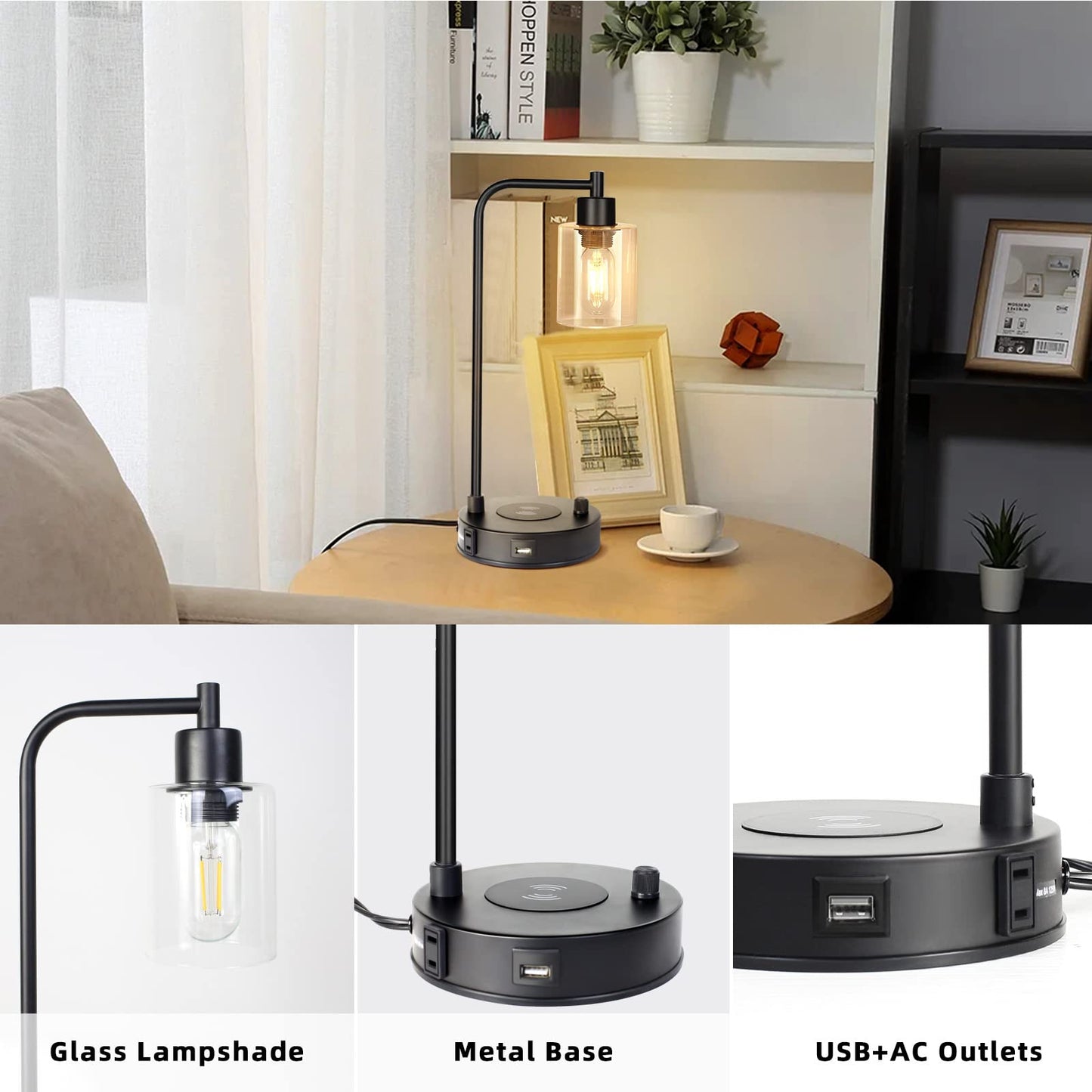Jomshine Industrial Table Lamp with Wireless Charing, Fully Stepless Dimmable Lamps Nightstand Lamps, Desk Lamp with Glass Shade Reading Lamp for Office Living Room (Black)