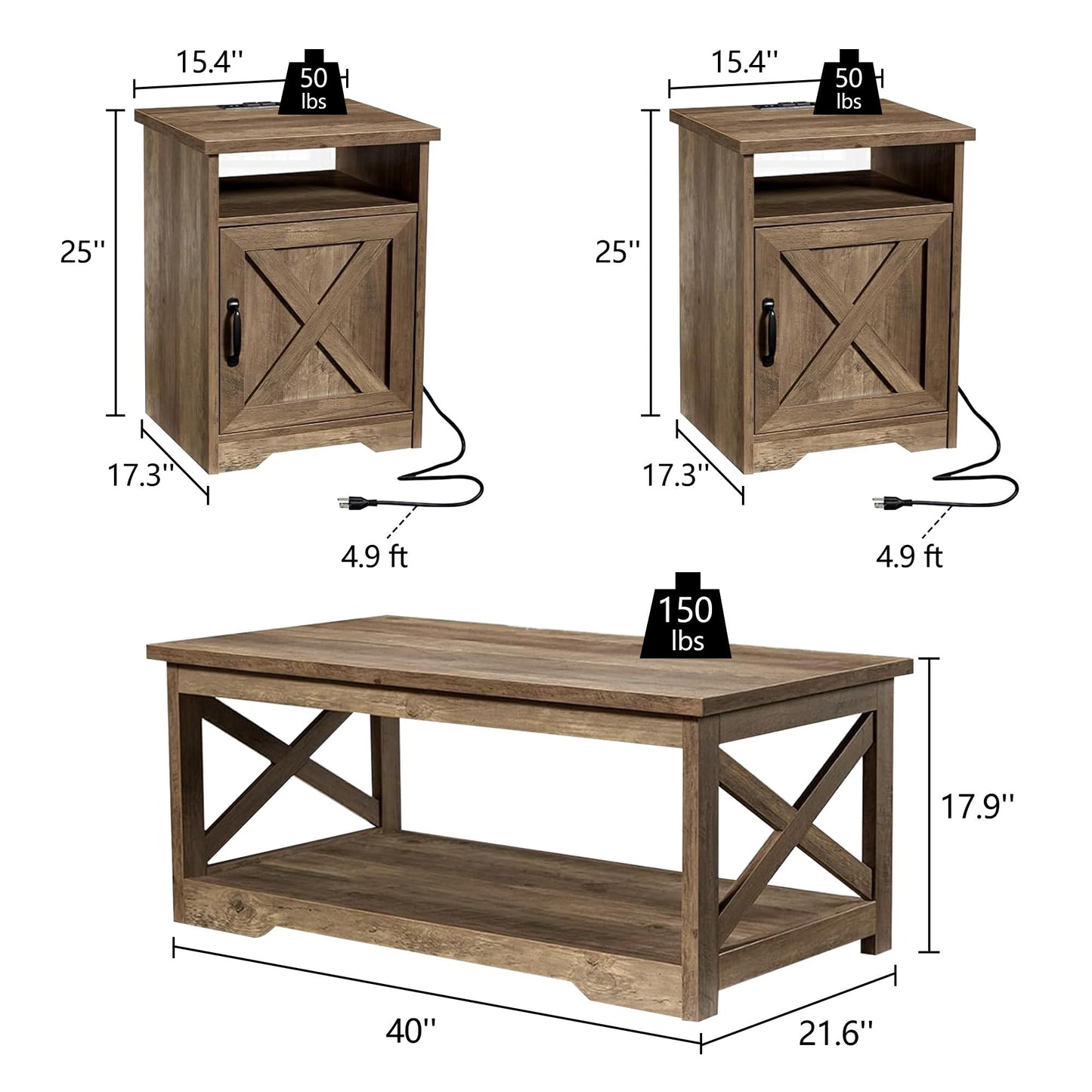 LUXOAK 3-Piece Farmhouse Living Room Table Sets, Includes 1 x Coffee Table, 2 x End Tables with Charging Station & USB Ports, Rustic Coffee Table Set of 3, Barnwood