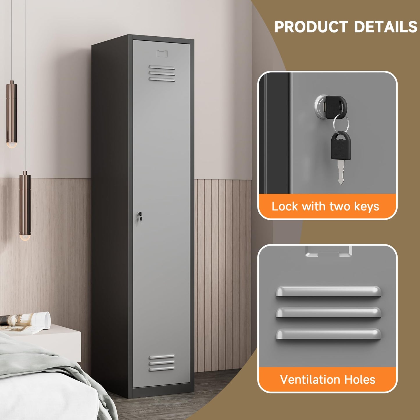 Topass Metal Lockers for Employees with Keys, 71" Tall Steel Storage Cabinet with Lockable Door, Metal Storage Locker for School Office Gym (1-Door, Black&Grey)