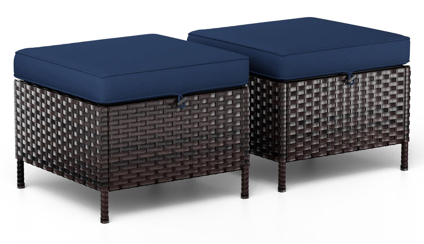 MaxMulti Patio Ottomans Set of 2, All-Weather Outdoor Wicker Ottoman with Thick Removable Cushion, 2 Piece Patio Footrest PE Rattan Ottomans for Garden, Porch, Poolside (Blue)