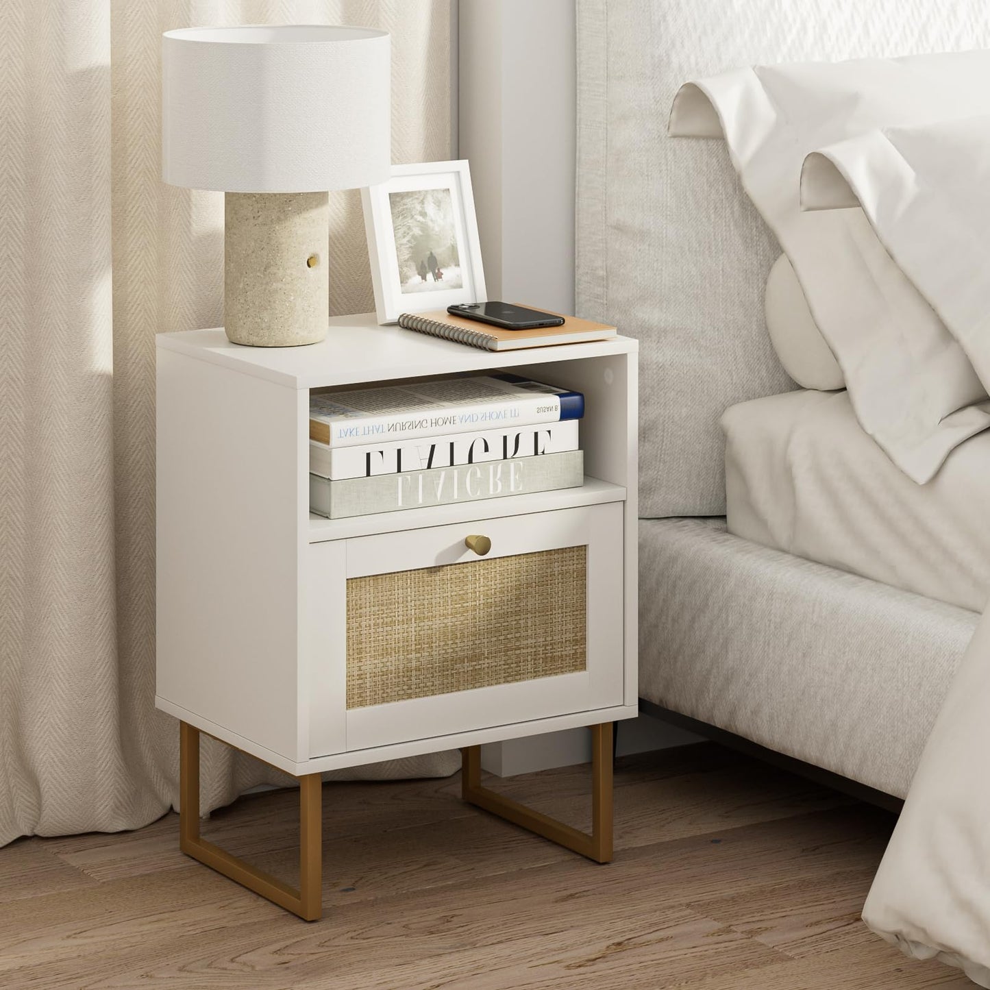 Masupu Rattan Nightstand,Modern Boho Farmhouse Wood Bedside Table with Storage Drawer and Open Shelf,Small Gold Frame Side End Table for Bedroom,Living Room,Office(White)